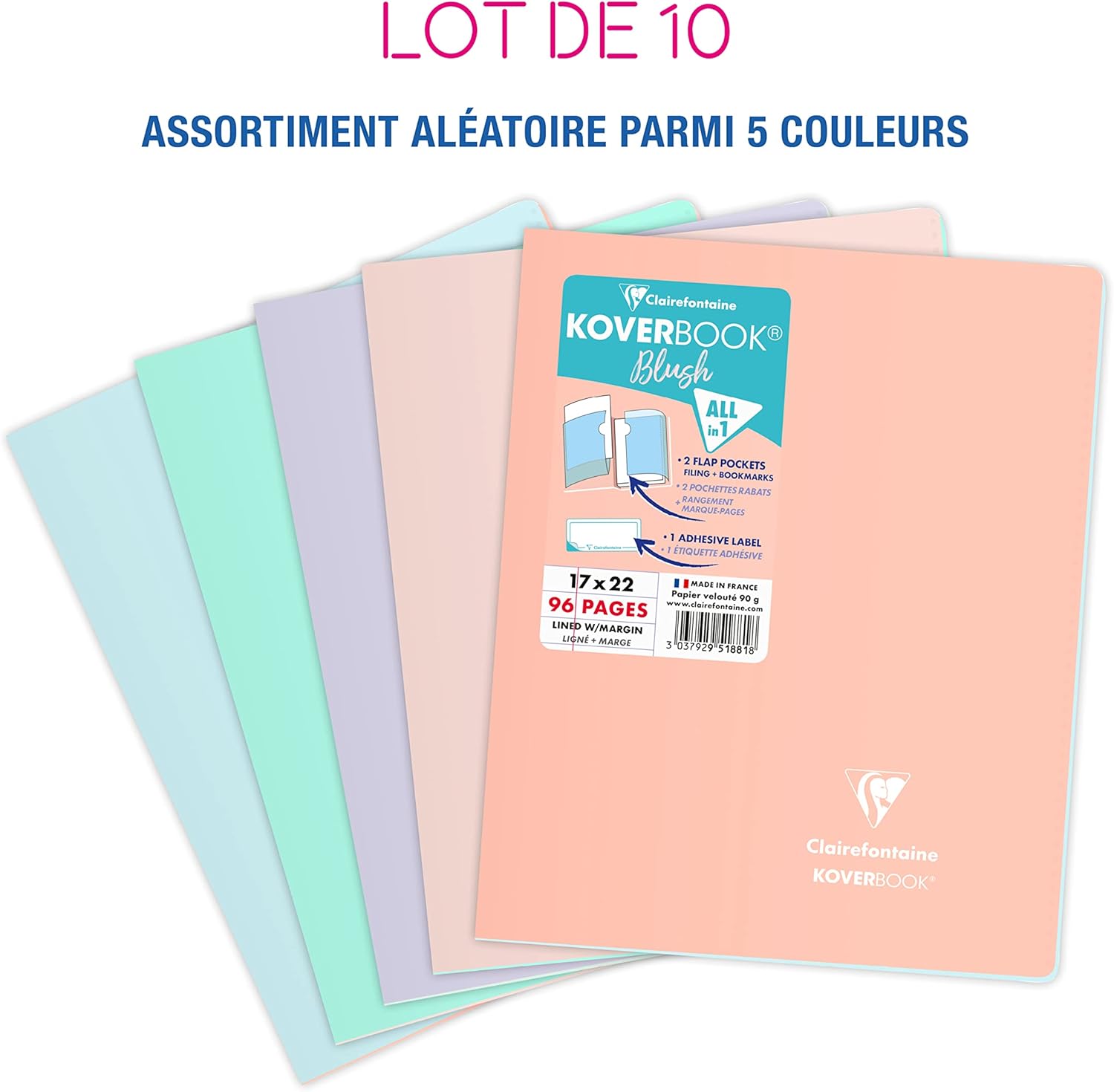 Thumbnail 1 de Clairefontaine 951881Cpack – Lot de 10 Cahiers agrafés Koverbook Blush, 17x22 cm, 96 pages ligné, 90 g/m²
