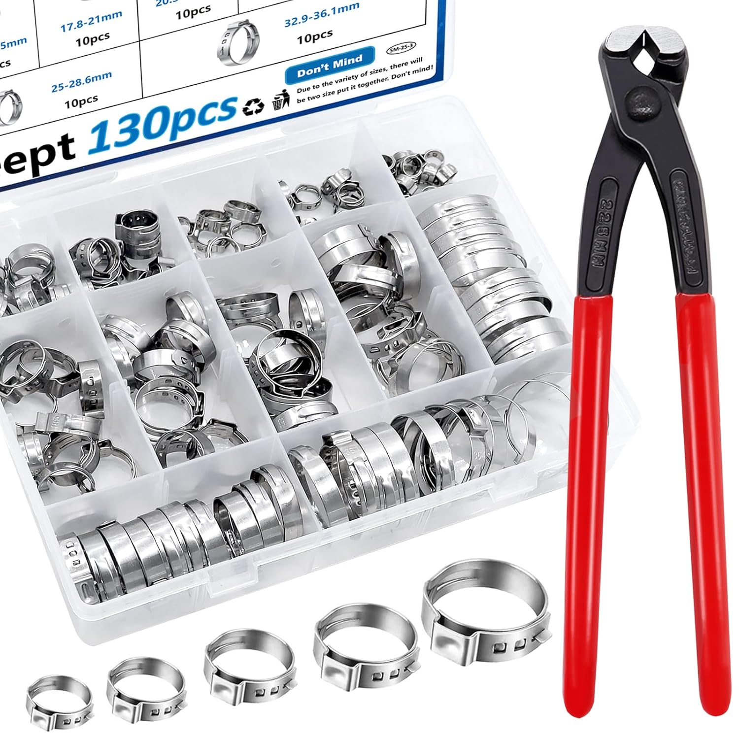 Thumbnail 6 de Seept 115Pcs 10-Sizes 304 Stainless Steel Single Ear Hose Clamps with Ear Clamp Pliers (6-28.6mm) - Crimp Hose Clamp Kit