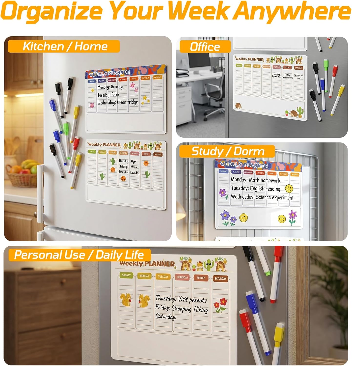 Thumbnail 6 de 2er-Set magnetischer Wochenplaner Whiteboard 42 × 30 cm – Familien- und Haushaltsplaner für Kühlschrank, Putzplan, To‑Do-Liste