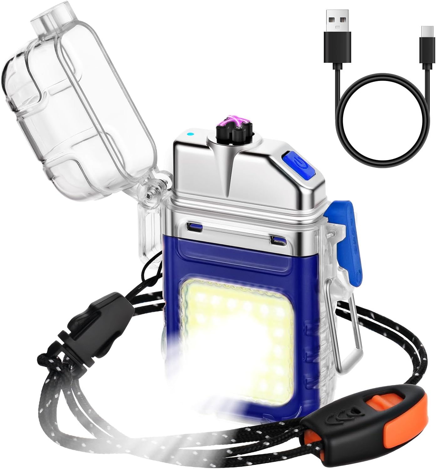Detalle de Vicloon lichtboogaansteker met USB-C, zaklamp en noodfluitje, blauw