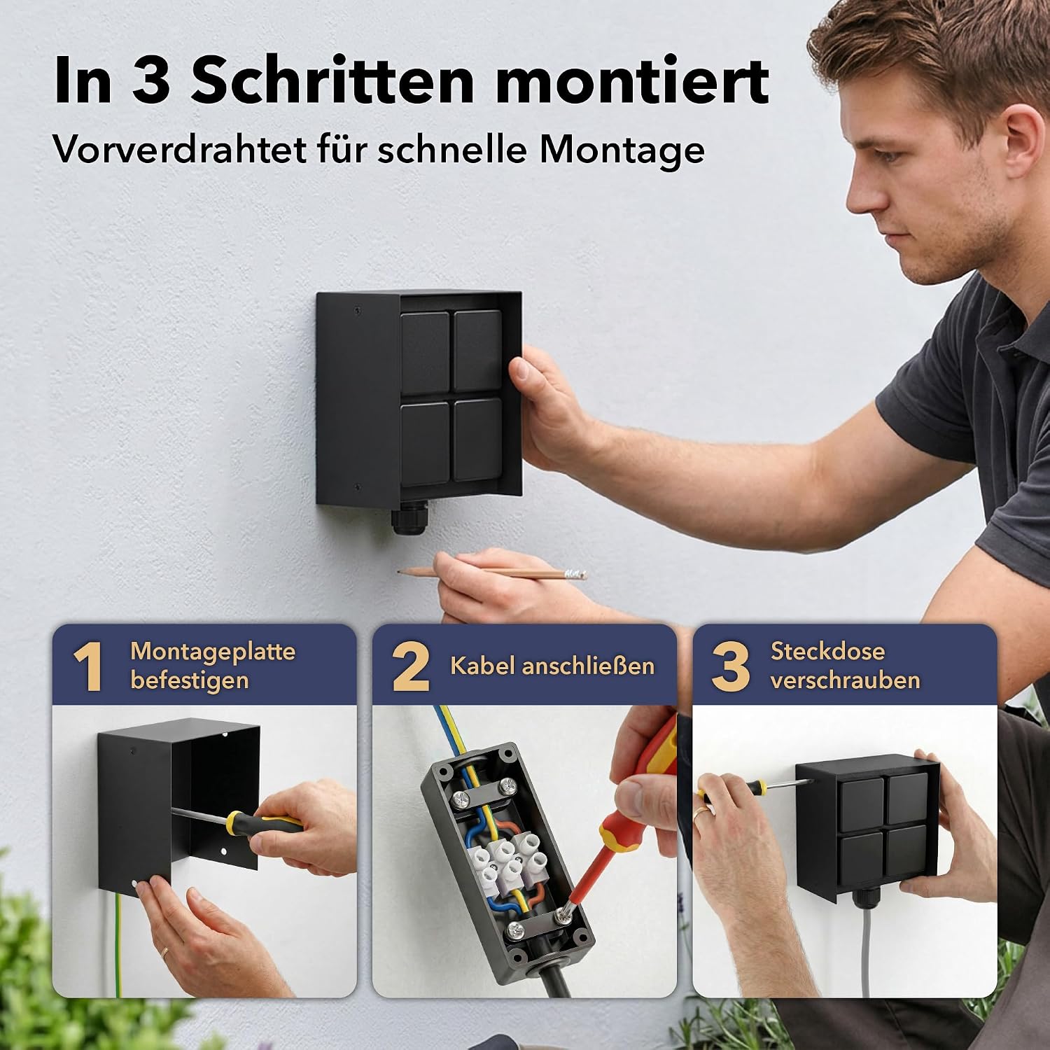 Detalle 2 de LEDscom.de Außensteckdose 4-fach STEDDA – IP44, Edelstahl schwarz quadratisch