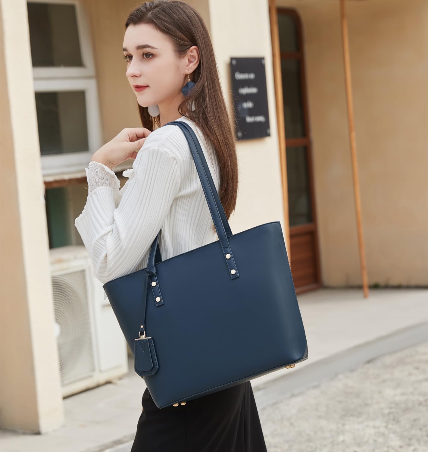Thumbnail 1 de MORGLOVE Blue Faux Leather Large Tote Bag with Zip, 42.5 x 28.5 x 11 cm