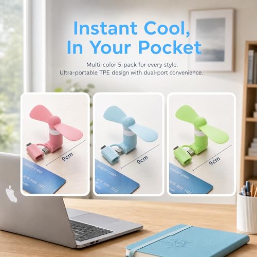 Thumbnail 5 de Beavorty 5pcs Mini Cell Phone Fan 2-in-1: Pocket-Sized USB C/Micro USB Cooler