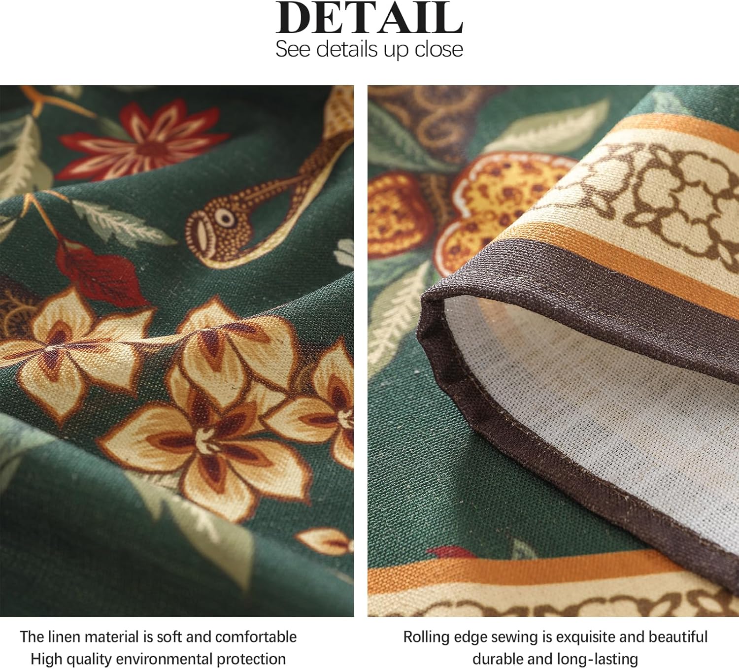 Thumbnail 5 de ISAENNE Designer Linen Green Square Tablecloth 67x67 — Mitchell Floral & Bird Pattern, Heavyweight Linen-Poly Blend