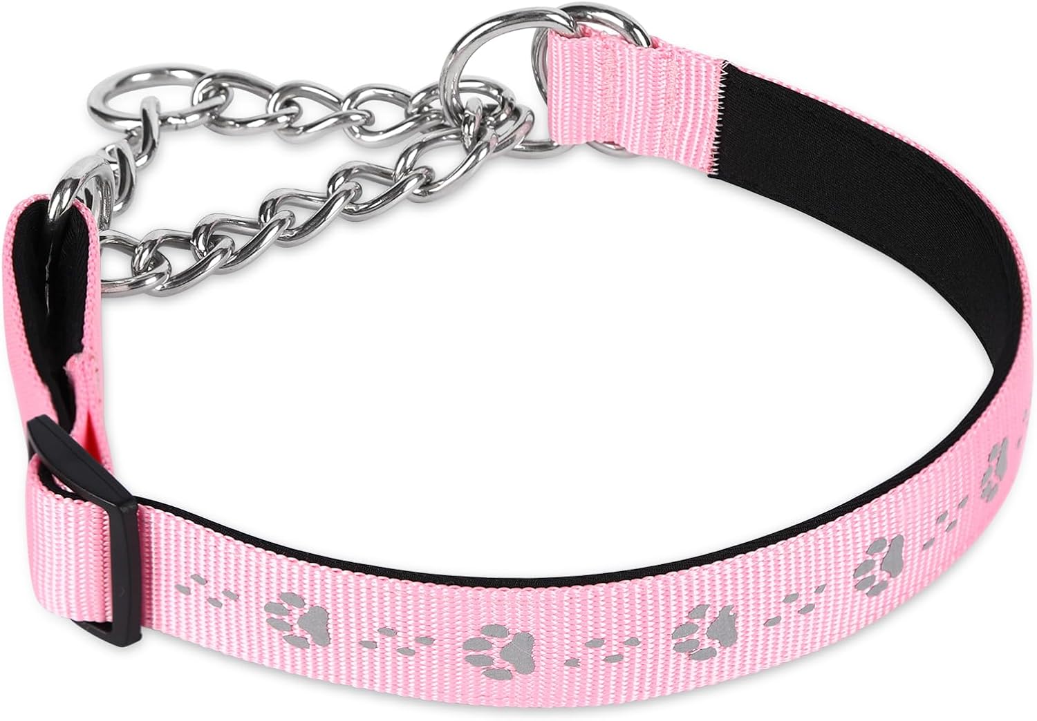 Detalle de TDTOK MT-01 Martingale Dog Collar, Reflective Pink Nylon, Steel Chain and Neoprene Padding