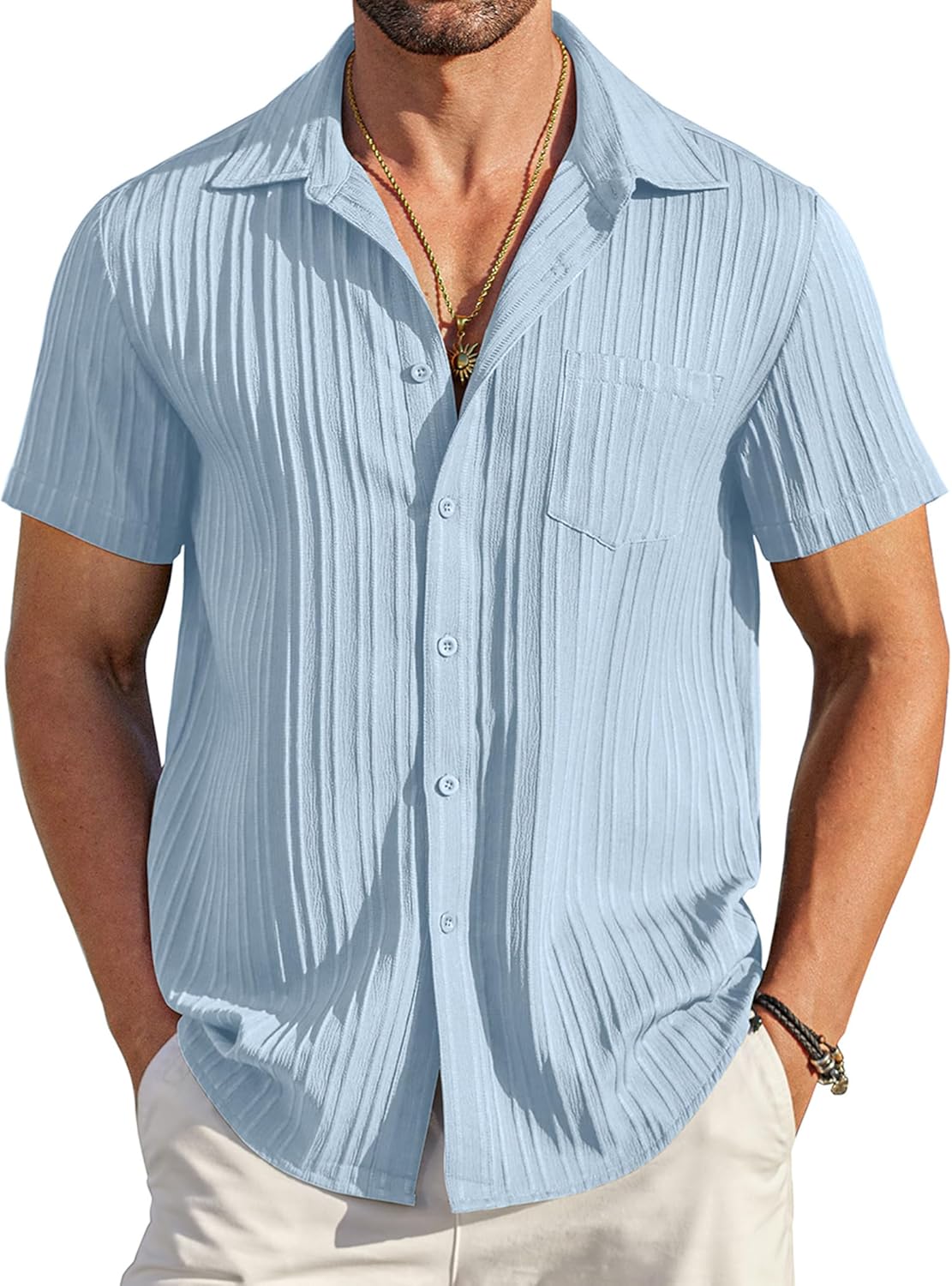 Detalle de COOFANDY Men's Casual Short Sleeve Button-Down Shirt with Textured Fabric and Chest Pocket