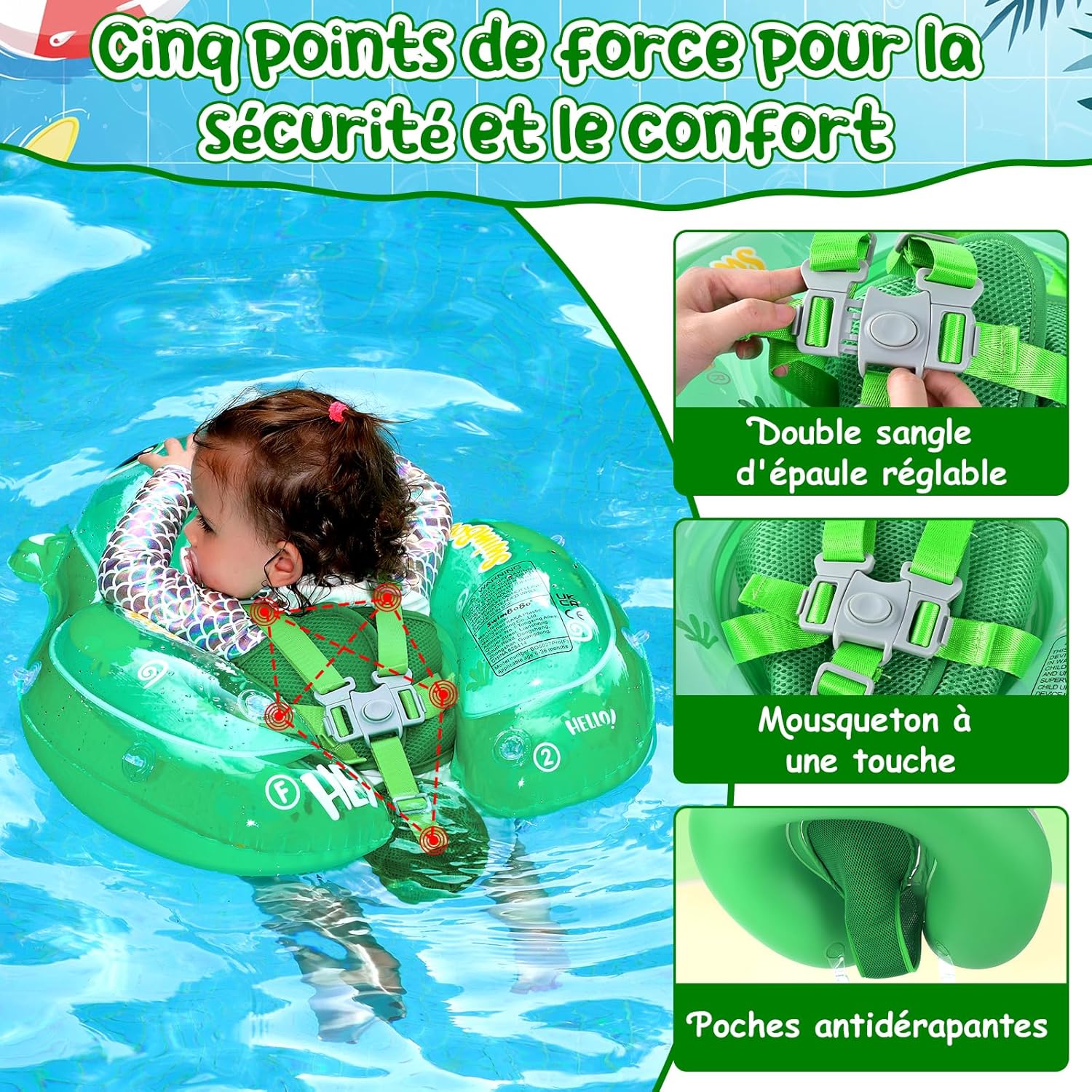 Thumbnail 2 de YOOHBERRYS Bouée bébé avec pare-soleil et support inférieur (3 à 36 mois) – flotteur de natation gonflable