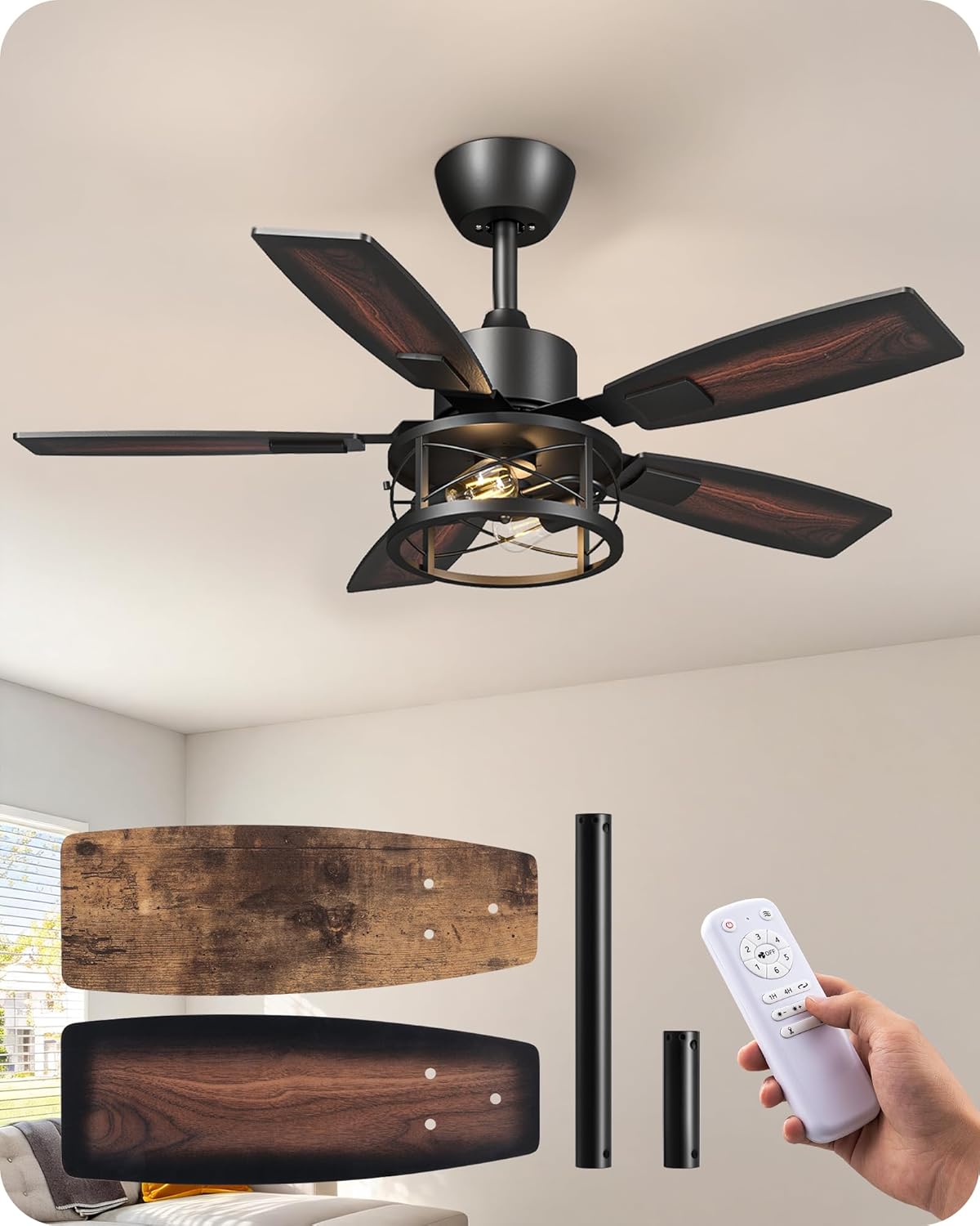 Detalle de EDISHINE HCFM08D 42-inch Farmhouse Ceiling Fan with Light, Remote and Reversible DC Motor