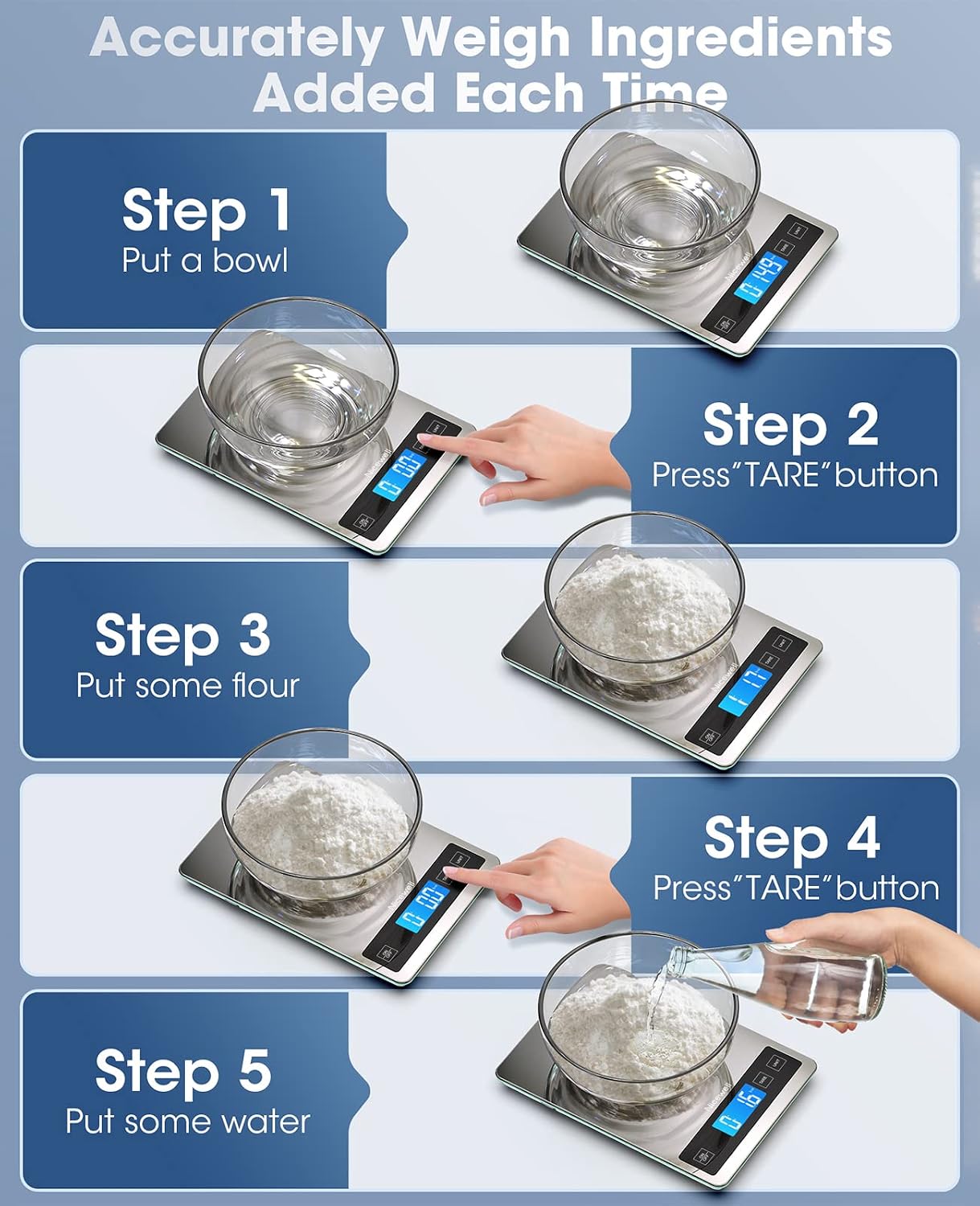 Detalle de Nicewell 22lb Digital Kitchen Scale with Tare, Backlit LCD, 1g/0.1oz, Stainless Steel & Tempered Glass