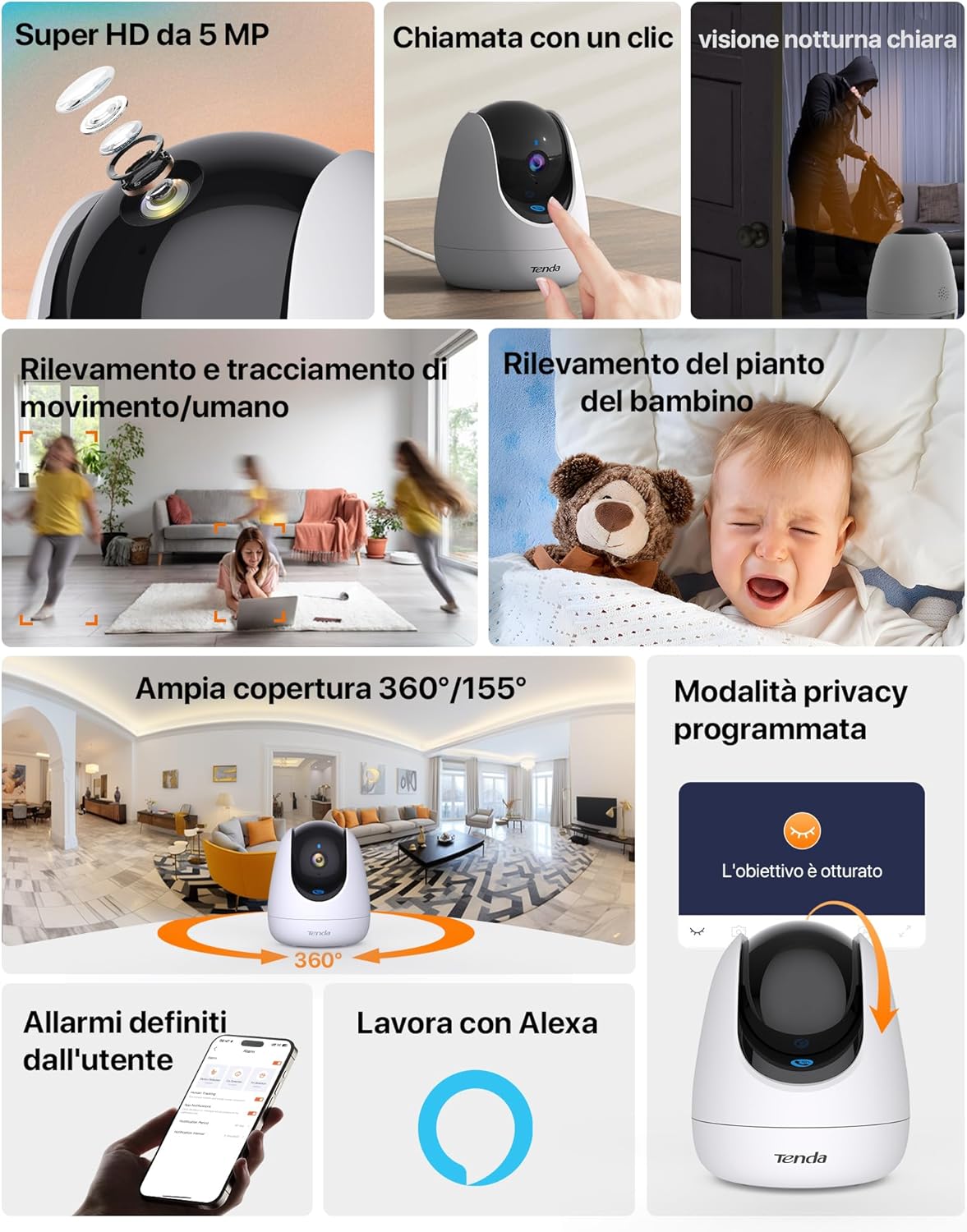 Thumbnail 2 de Tenda CP7V2.0 Telecamera WiFi Interna 360° PTZ, 5MP, Audio Bidirezionale e Rilevamento AI