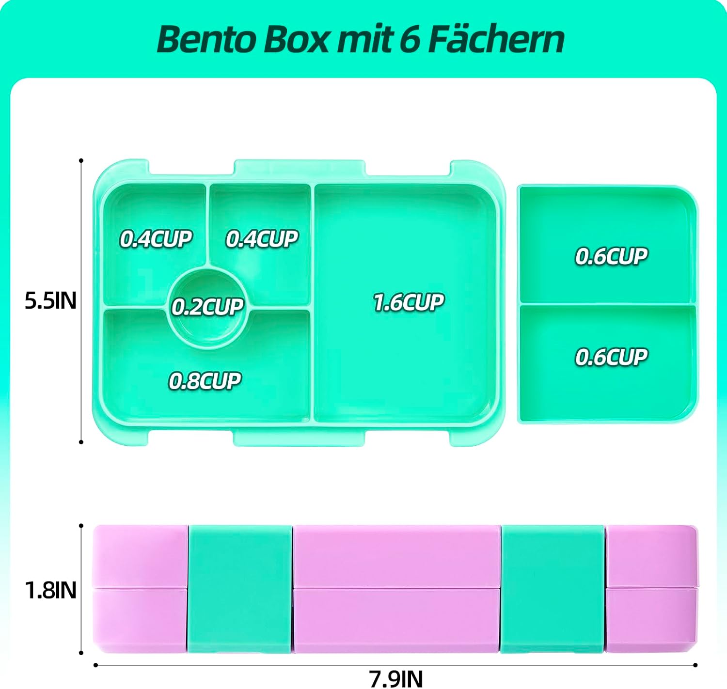 Thumbnail 1 de QCQHDU Brotdose für Kinder mit 6 Fächern (Bento Box) – auslaufsicher, BPA-frei, spülmaschinenfest, blassrosa