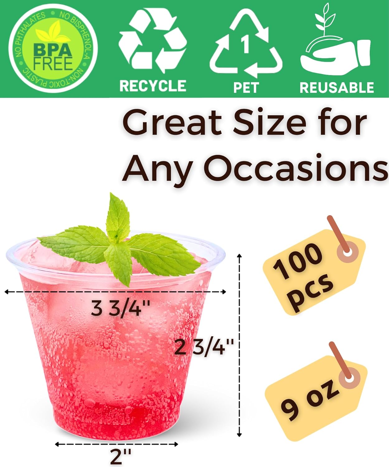 Detalle de Aatriet 100 Pack 9 oz Clear Plastic Cups: Durable, Recyclable, Versatile Party Cups