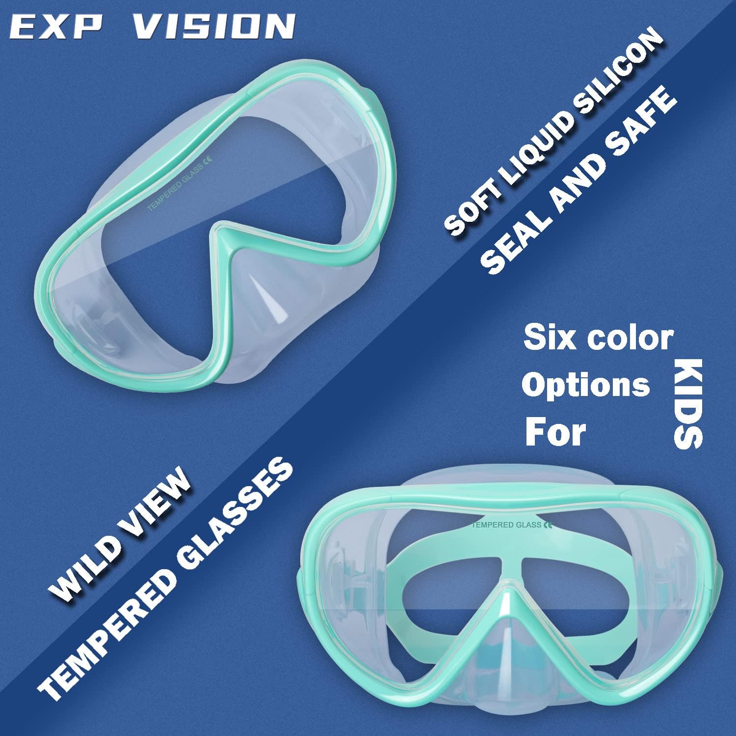 Detalle de EXP VISION Kinder Panorama Schnorchelmaske 180° mit gehärtetem Glas – Anti-Nebel, Silikon-Rock & Nasenschutz