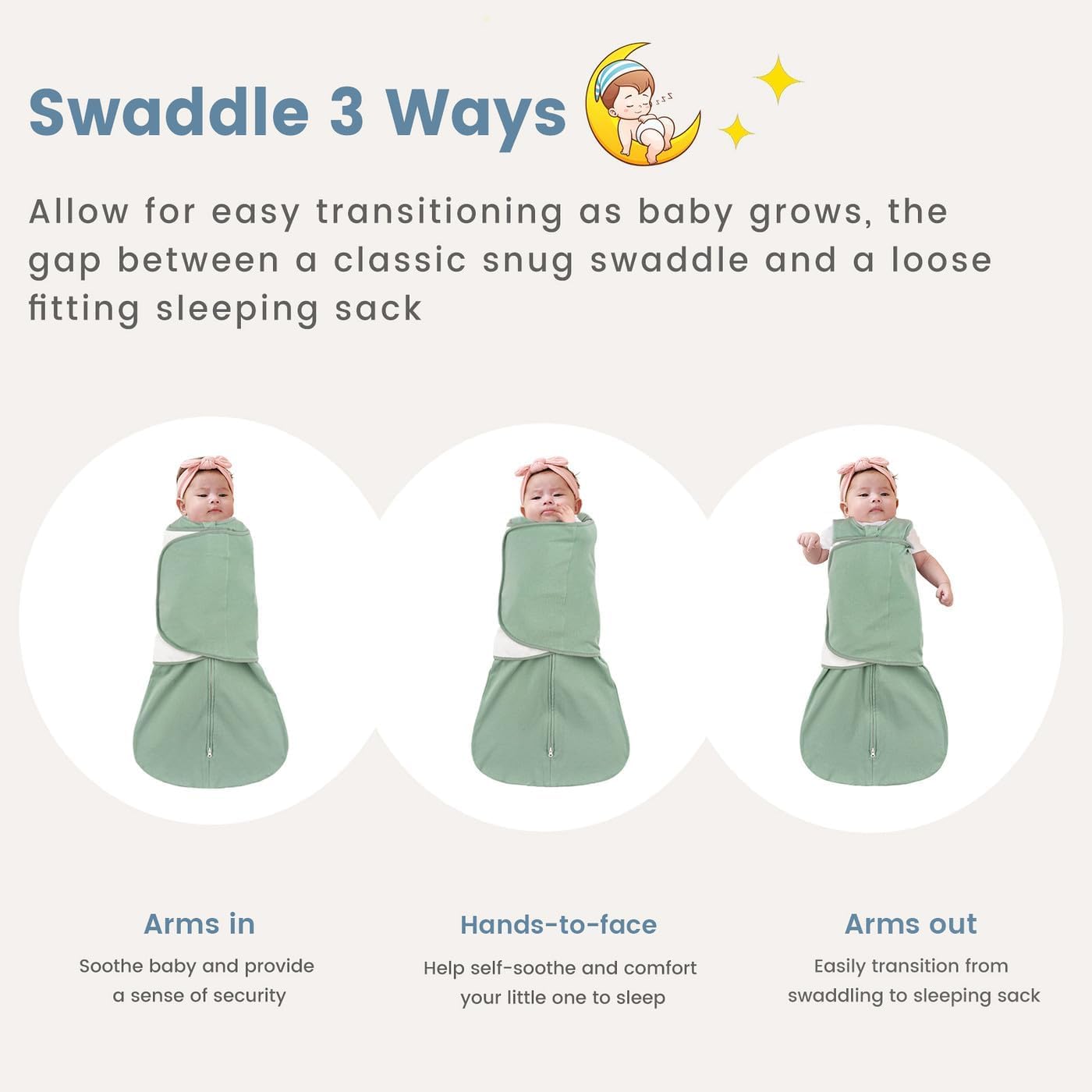 Detalle de ZIGJOY Newborn Sleeping Bag Swaddle Wrap 1.0 TOG – 100% Cotton Baby Sleep Sack (Small 0–6m, Medium 6–12m), Green