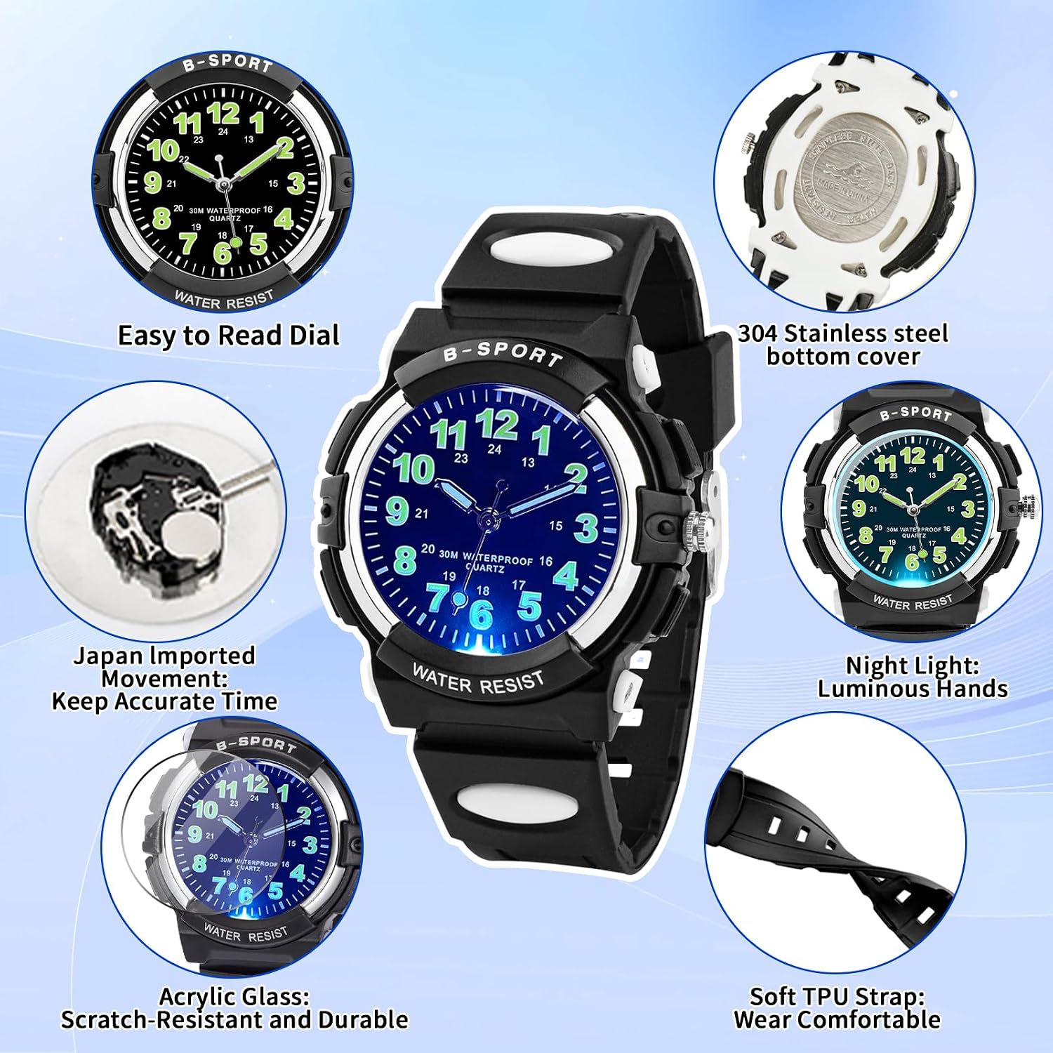 Detalle 2 de DTKID Kinderuhr Junge Mädchen – 7 LED-Farbwechsel, 3ATM, leicht ablesbar, für 5–16 Jahre