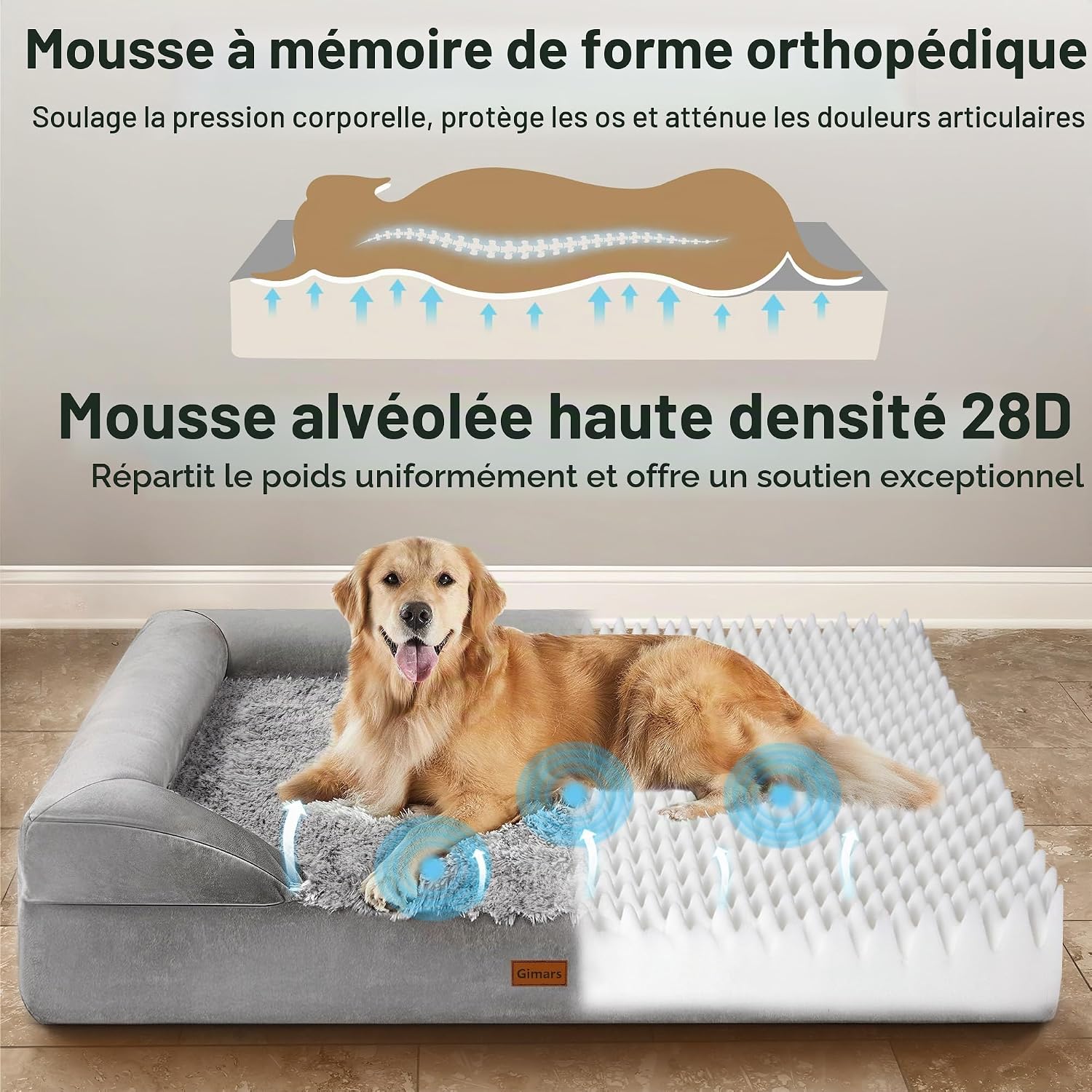 Detalle 2 de Gimars Lit Orthopédique pour Chiens Très Grands et Seniors – Épais 9,5 cm (L XL) avec Mousse Alvéolée et Housse Lavable