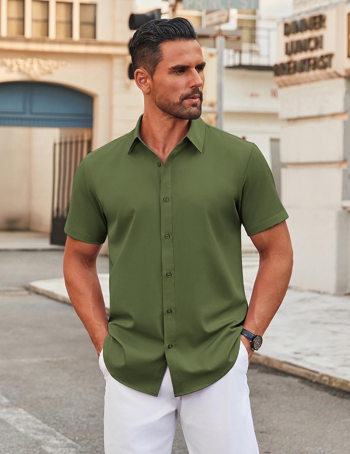 Detalle 2 de COOFANDY Men's Stretch Short Sleeve Dress Shirt — Wrinkle-Resistant, Comfortable Button-Down