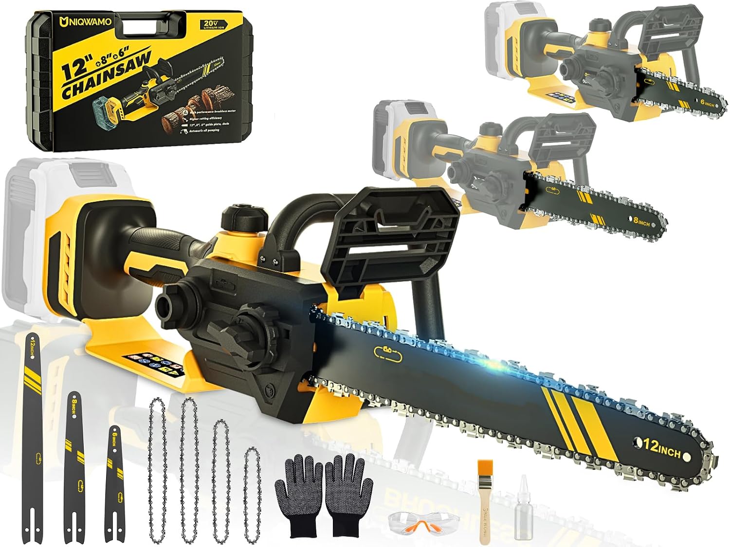 Detalle de Uniqwamo Electric Chainsaw, 3-in-1 1000W Cordless with 12, 8 and 6-inch Bars