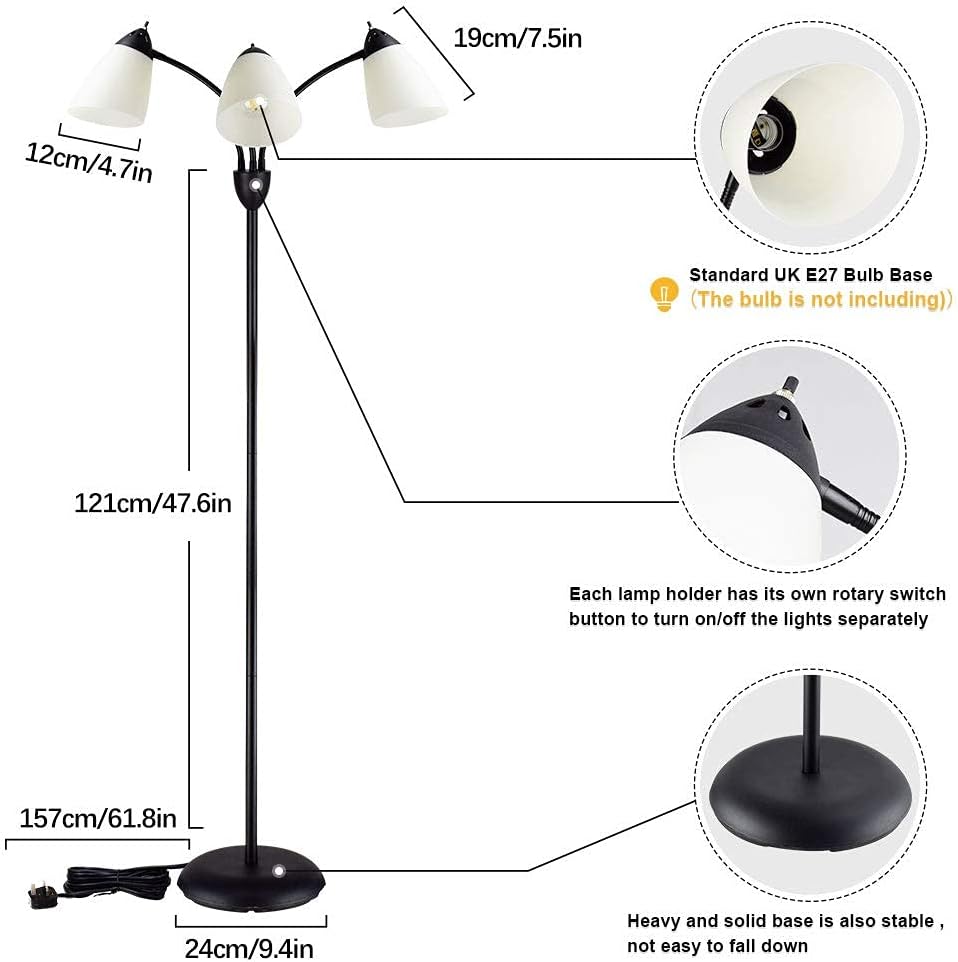 Detalle de Depuley 3-Light Floor Lamp – Modern LED Standing Light with 3 Adjustable Heads (E27, Bulb Not Included) in Matt Black