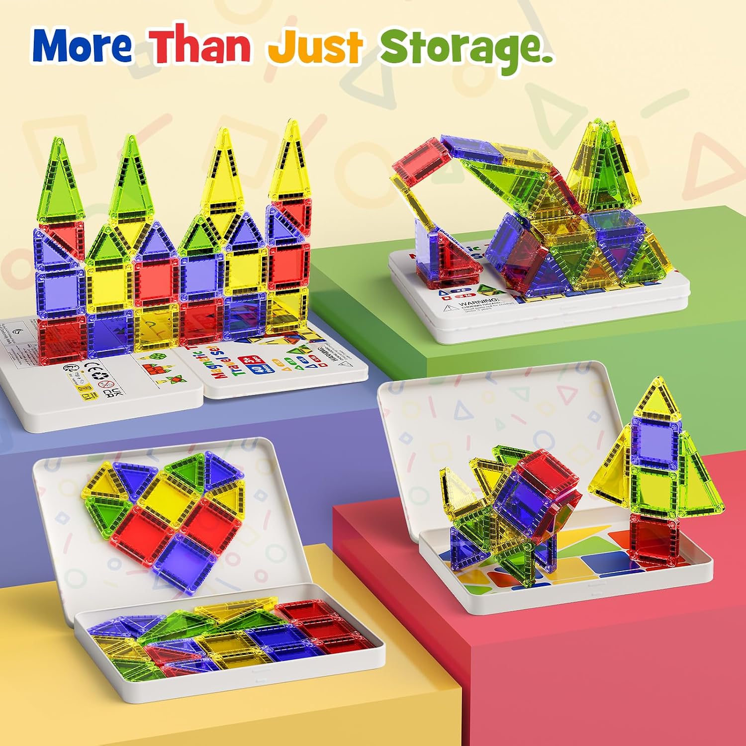 Detalle 2 de Magnetic Tiles Construction Set 42pcs in travel metal box – portable magnetic building blocks for ages 3+