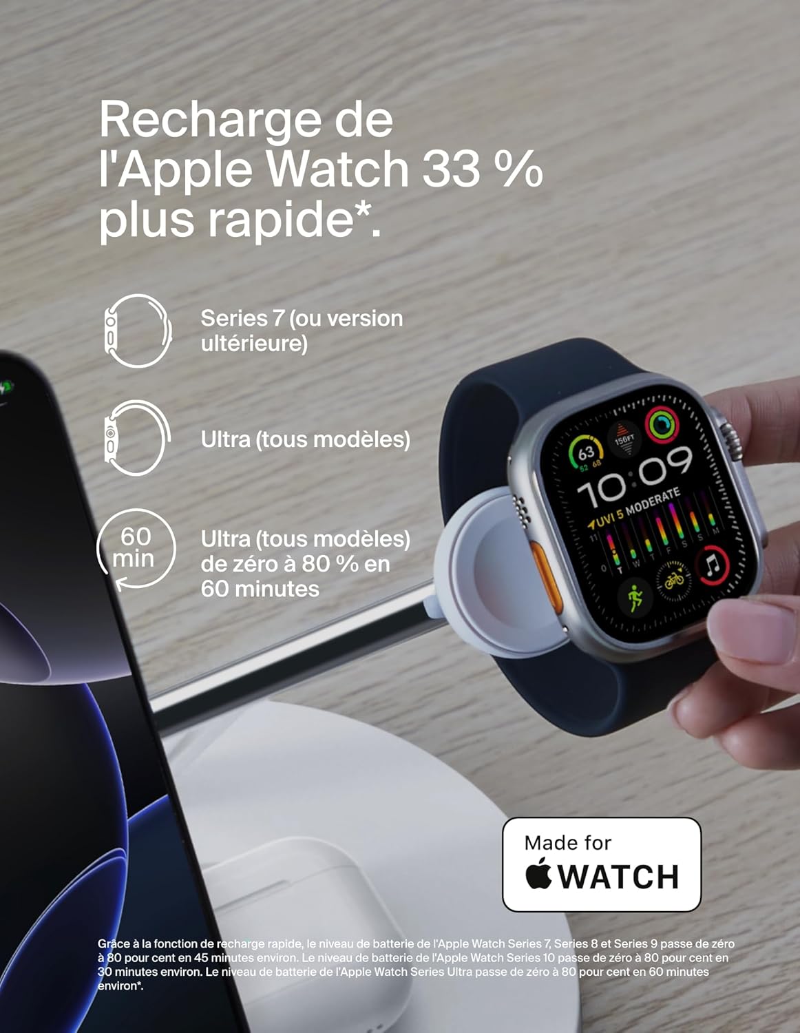 Detalle de Belkin BoostCharge Station 3-en-1 avec Qi2 | Chargeur MagSafe pour iPhone, Apple Watch et AirPods