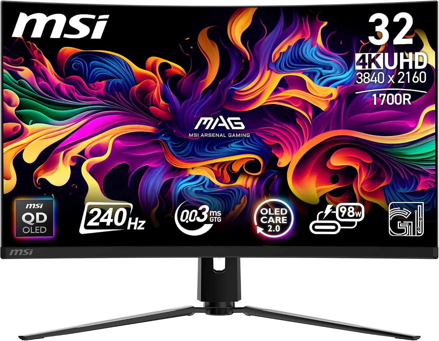 Detalle de MSI MPG 321CURX QD-OLED 32 Inch UHD Curved Gaming Monitor (1700R) with 240Hz, HDMI 2.1 and USB Type-C