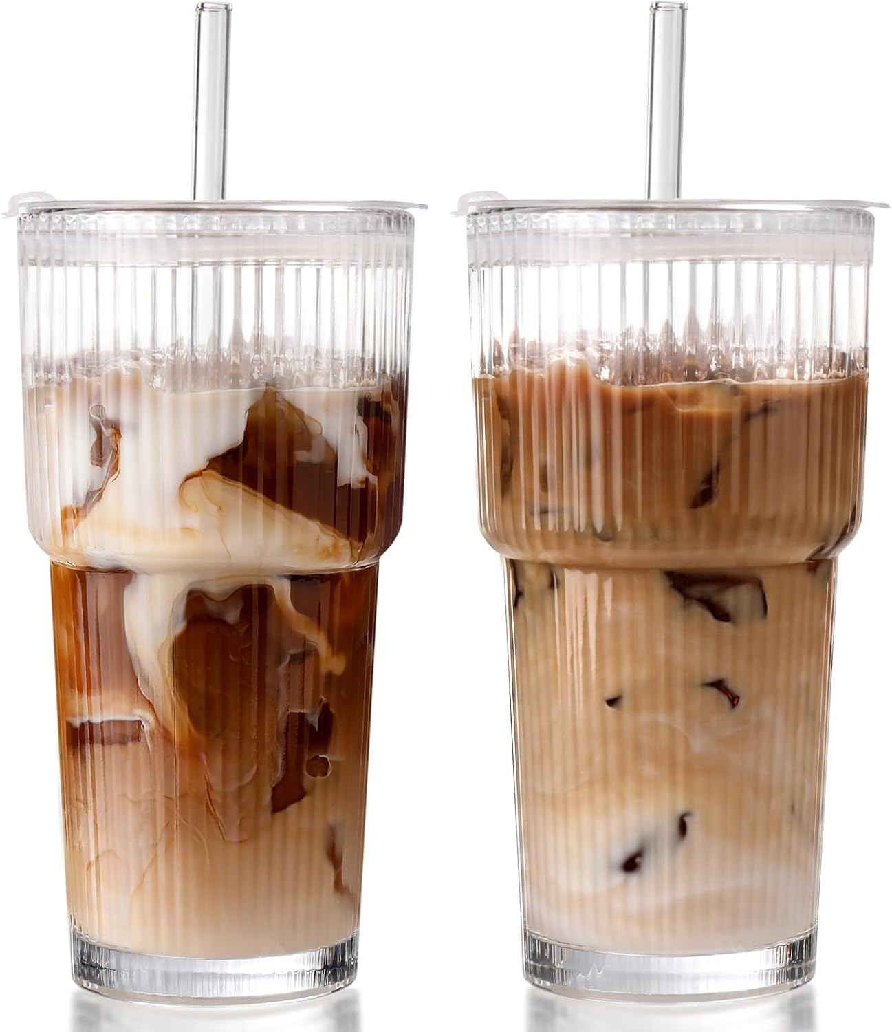 Detalle de DWTS DANWEITESI S6-DDB-2G Ribbed Glass Iced Coffee Cups, 20 oz, 2-Pack