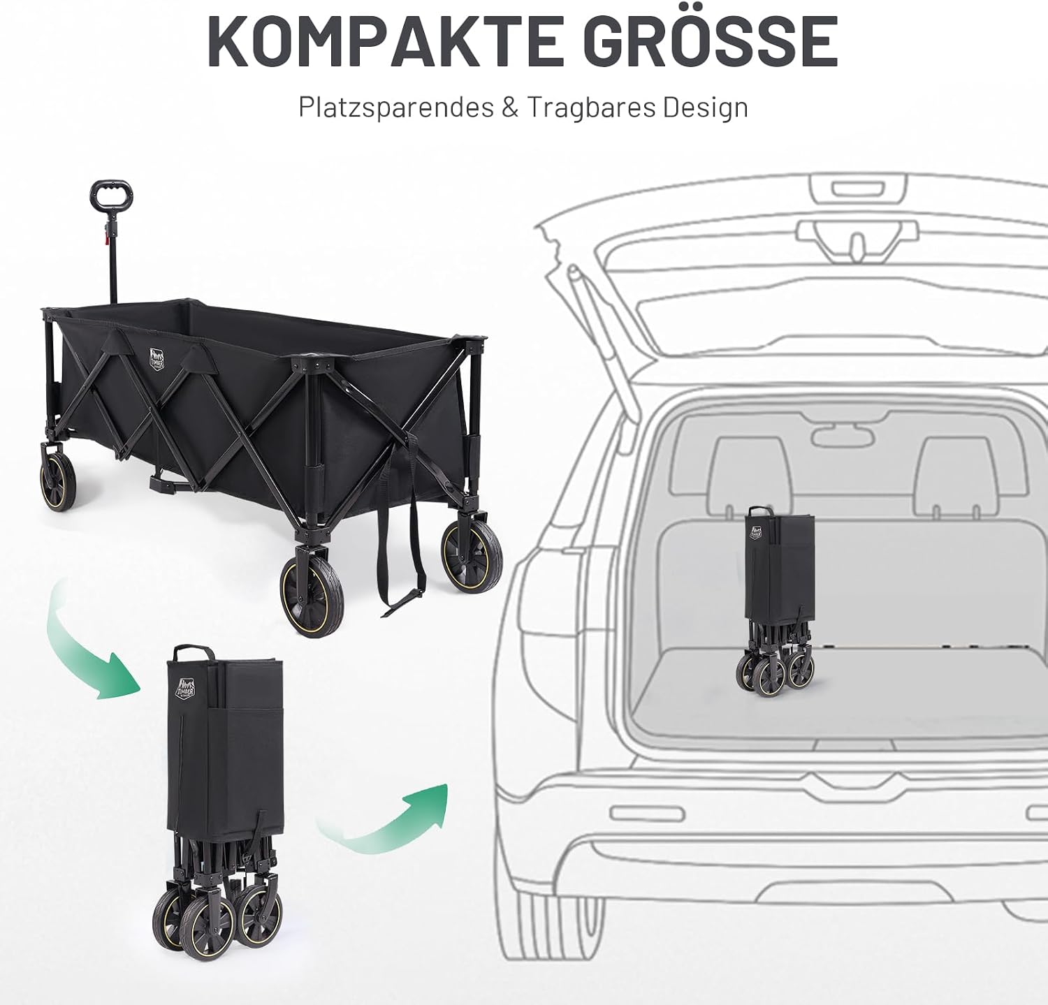 Detalle de TIMBER RIDGE XXXL Faltbarer Transportwagen 300 L, 160 kg Tragfähigkeit, verstellbarer Griff, Netz als Fallschutz, Getränkehalter, Bremse – Schwarz