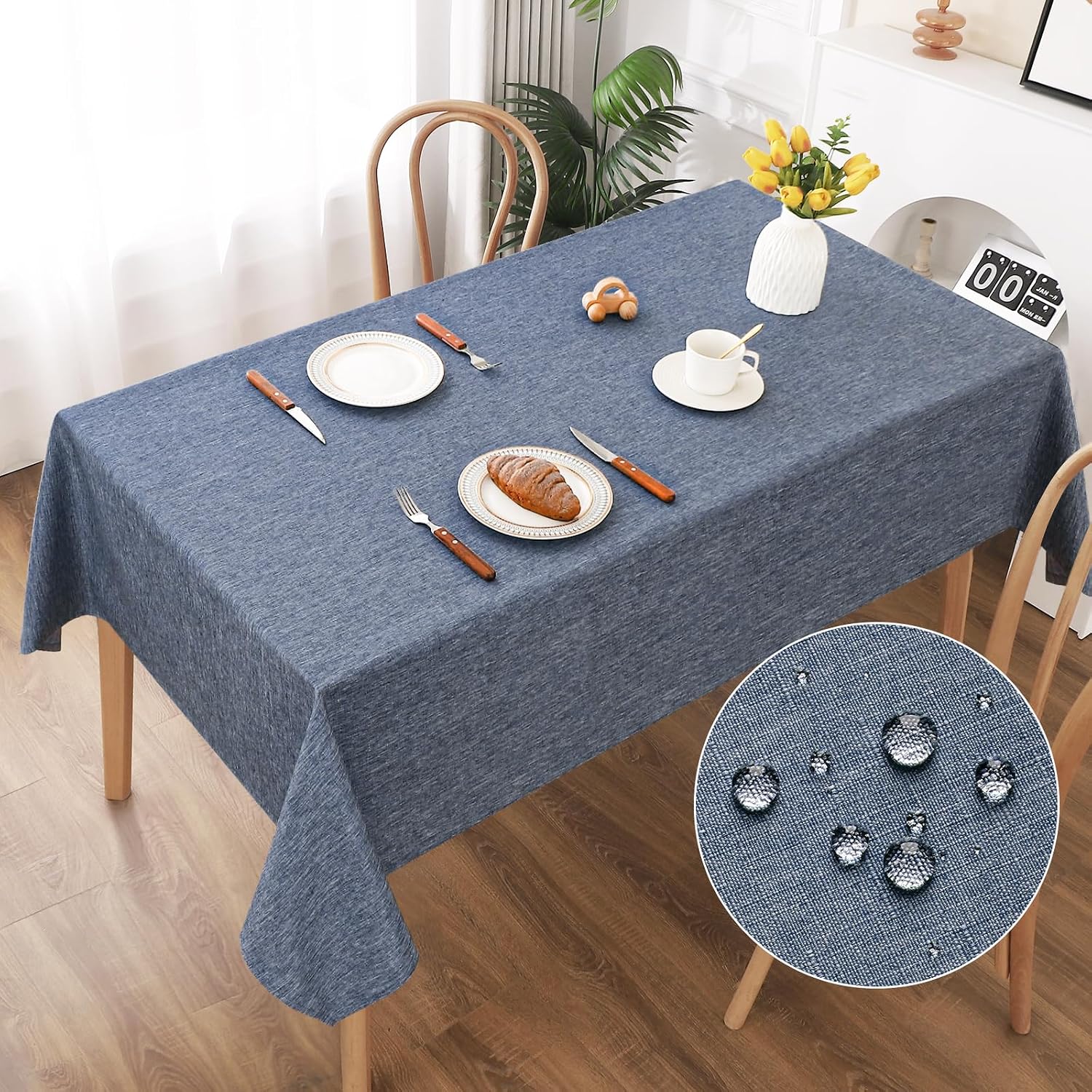 Detalle de AooHome Tischdecke Blau 130x160 cm – Leinen‑Optik, wasserabweisend, Lotus-Effekt, pflegeleicht