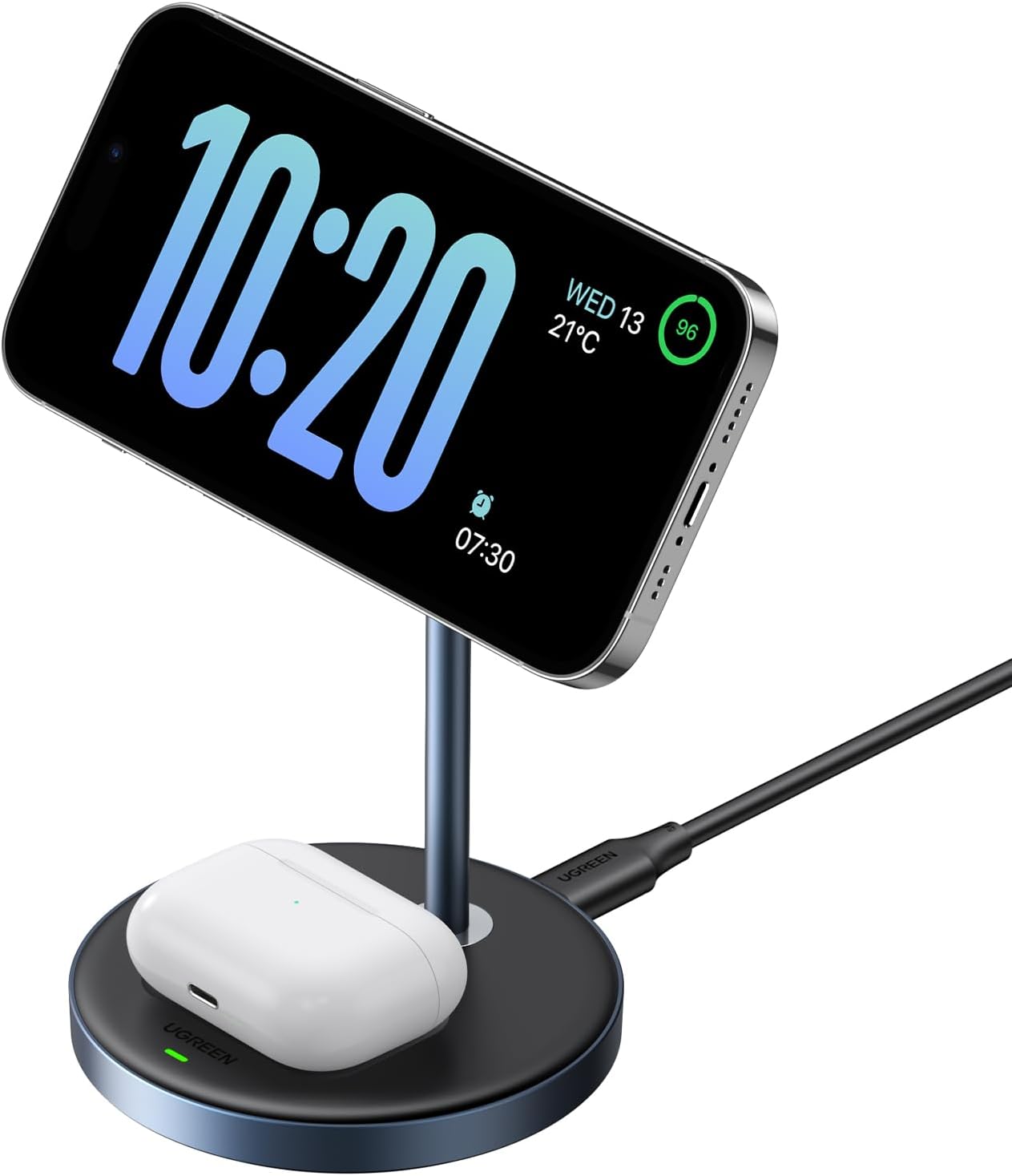 Detalle de UGREEN MagFlow 2 in 1 iPhone Ladestation – MagSafe-kompatibel, 90° verstellbar, lädt iPhone- und AirPods-Kombination gleichzeitig