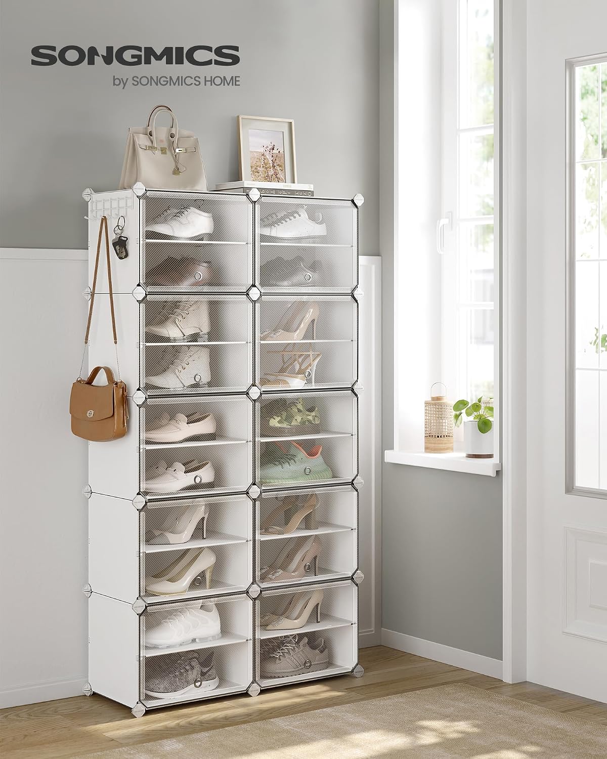 Detalle de SONGMICS LPC035W01 – modułowa szafka na buty, 10 komór, drzwi i haczyki