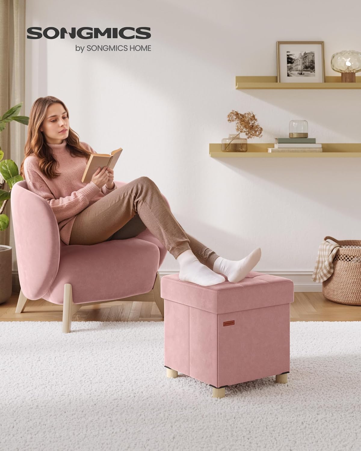 Detalle 2 de SONGMICS Pouf Contenitore 37 L rosa pastello