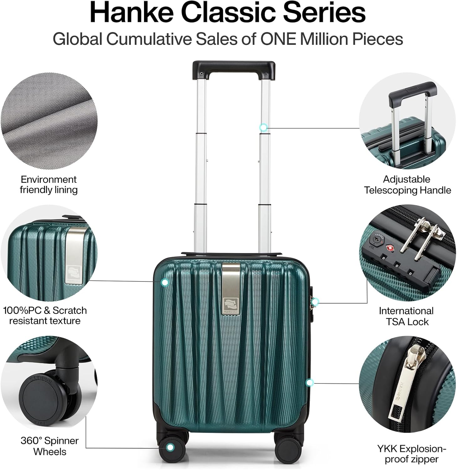 Thumbnail 3 de Hanke 14 Inch Hardshell Cabin Suitcase with TSA Lock and 4 Double Spinner Wheels