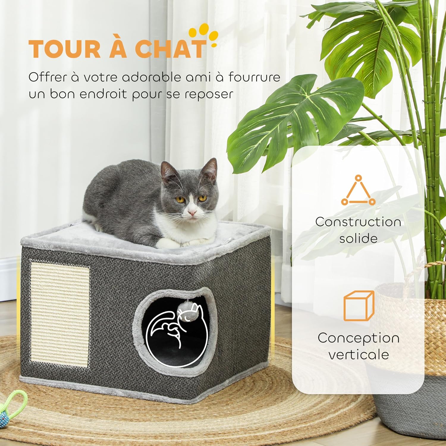 Detalle de PawHut Arbre à Chat avec plate-forme, 2 coussins, 45 x 45 x 35 cm ⏳