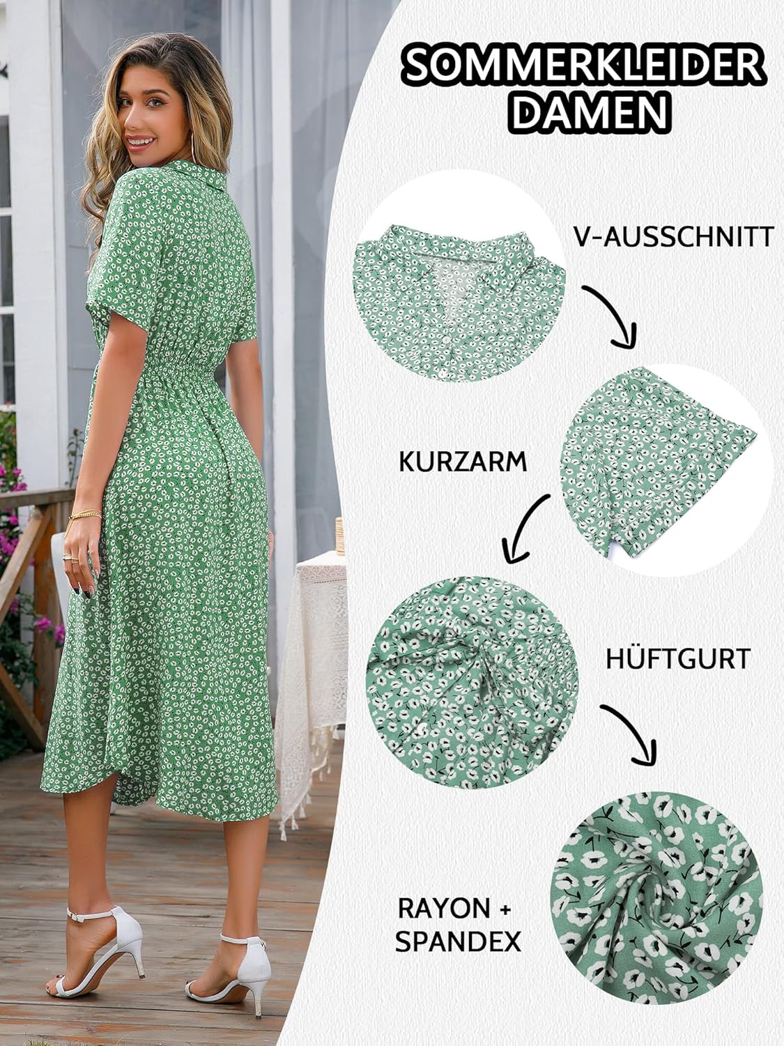 Thumbnail 3 de Livonmone Sommerkleid Damen mit V-Ausschnitt, Blumendruck und Gürtel