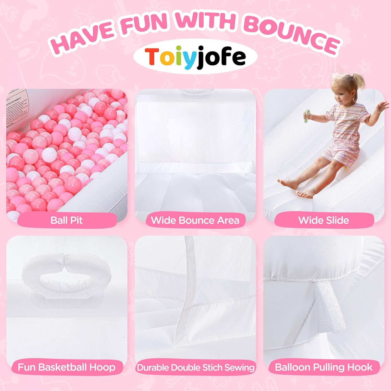 Detalle 2 de White Bounce House for Kids 3-6 with Blower, 10x10x7 ft Inflatable Castle