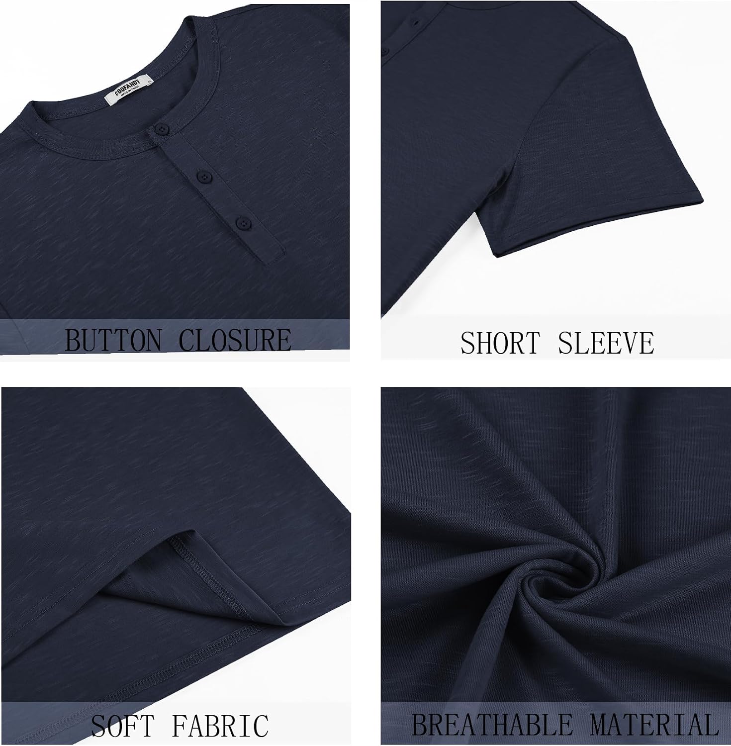 Detalle de COOFANDY T-shirt Henley homme à manches courtes avec col boutonné