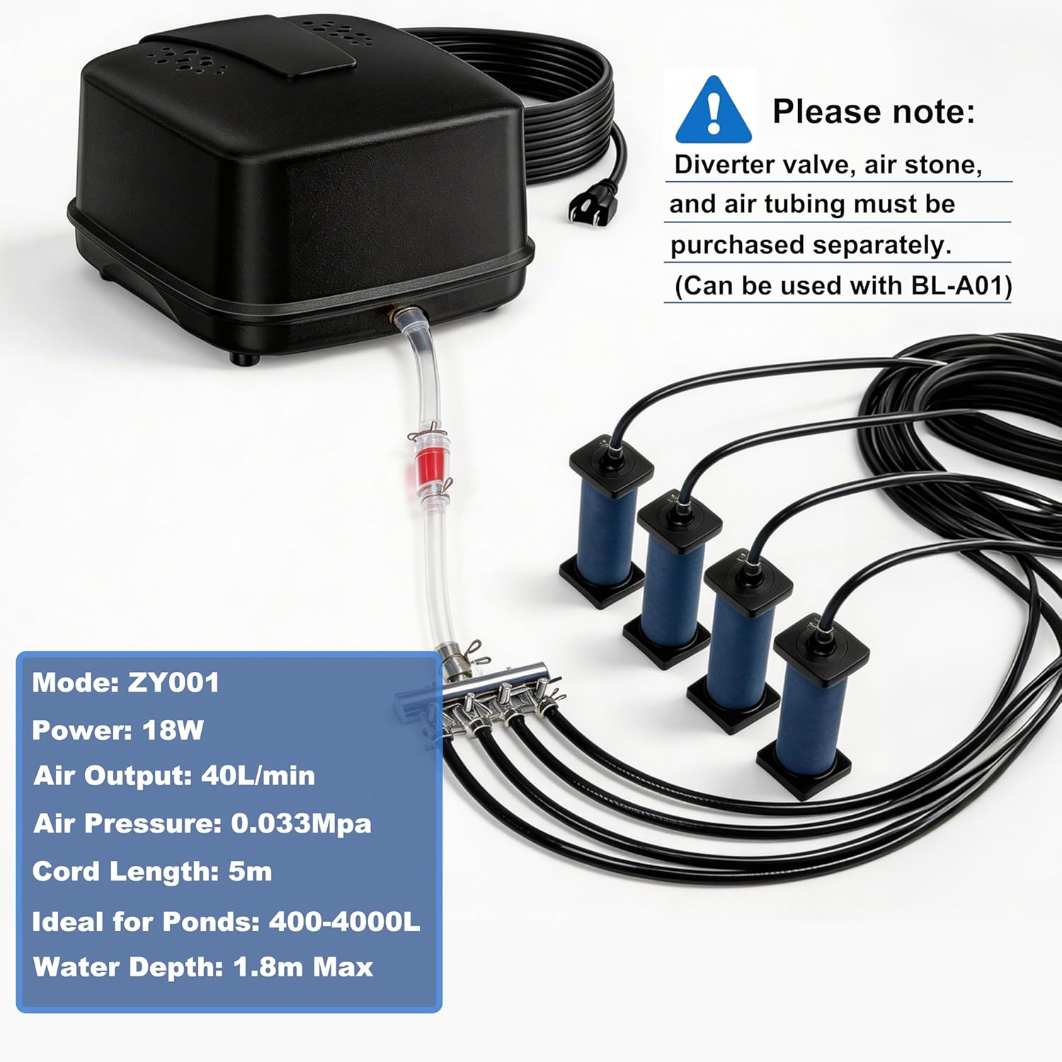 Detalle 2 de Biling Pond Aerator for Fish Ponds (2400L/H, 43dB) with UK Plug