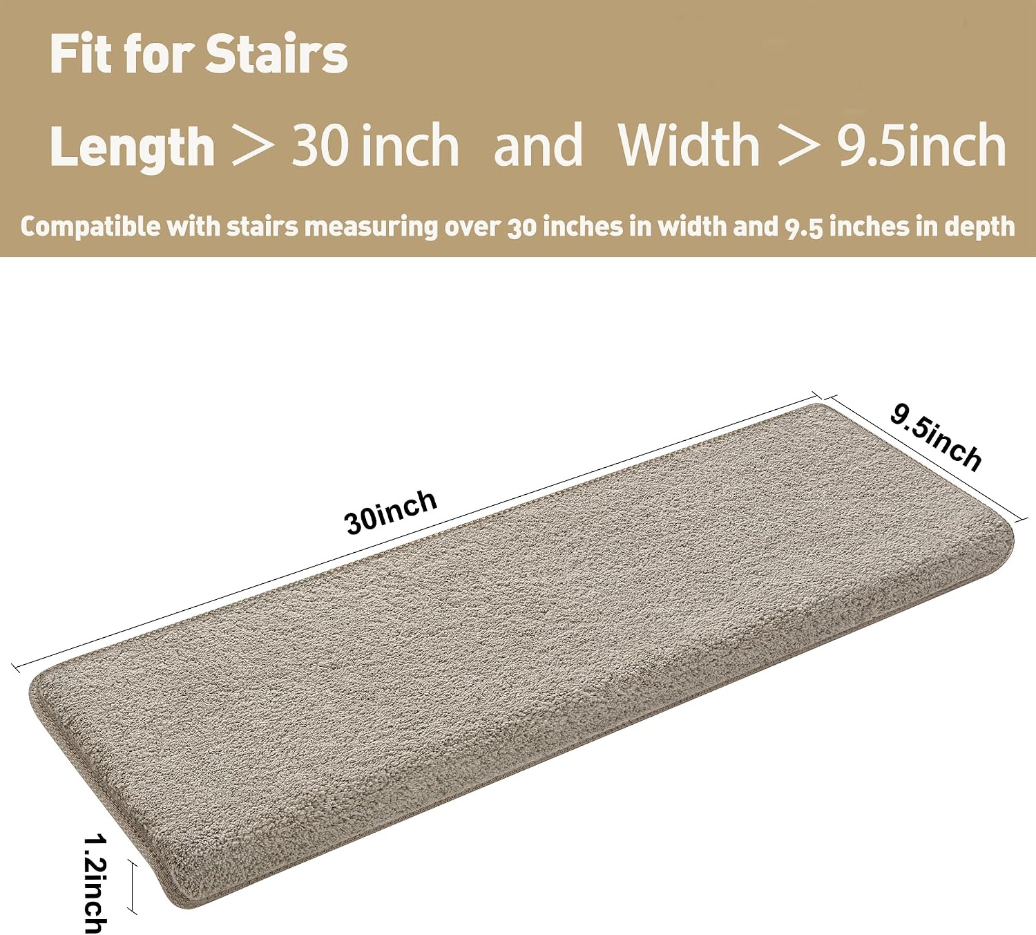 Detalle de PURE ERA Bullnose Stair Treads, 9.5 x 30-Inch Plush Polyester, Cream Gray, 2 Pieces
