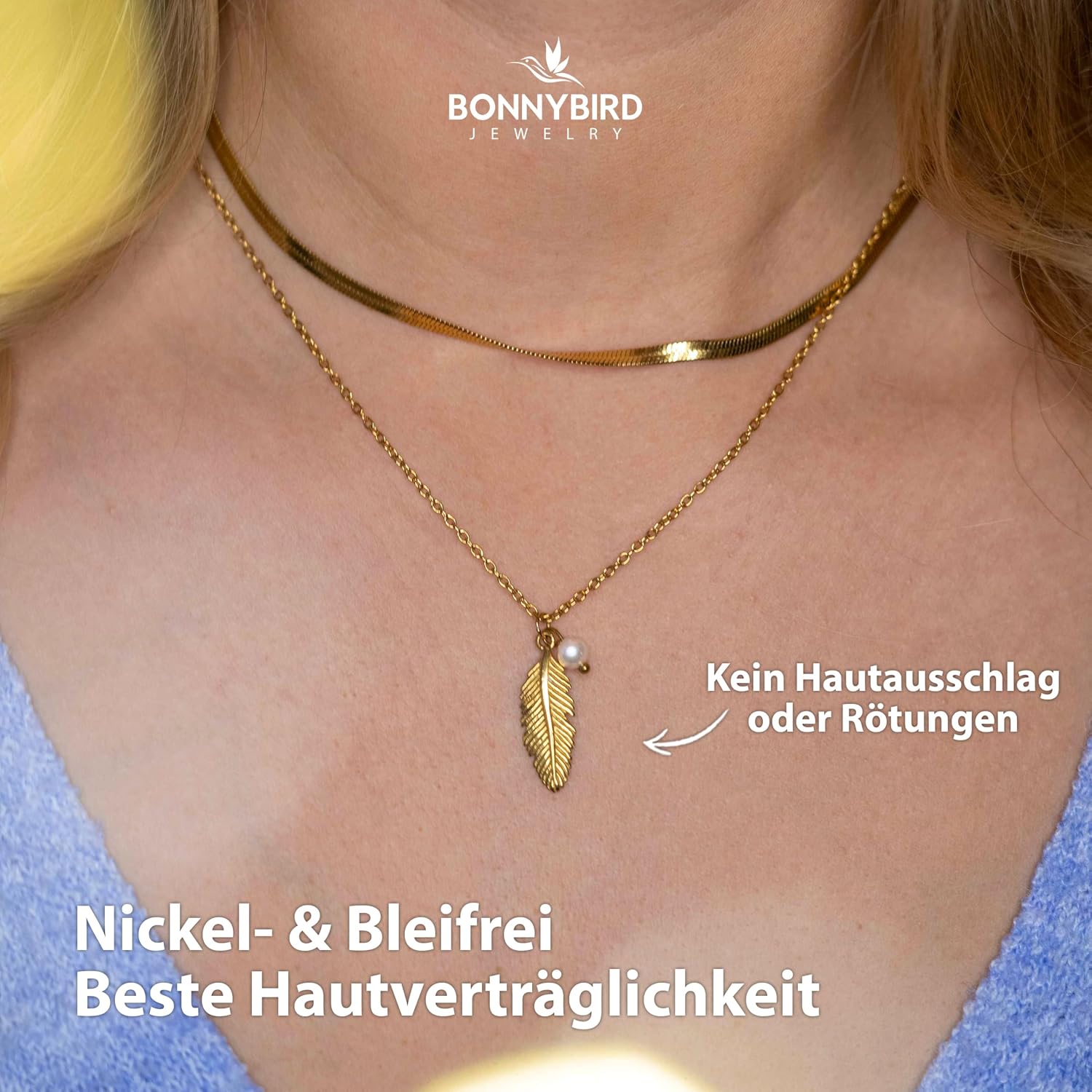 Detalle de BONNYBIRD BonnyFeather wasserfeste Federkette aus Edelstahl (316L) für Damen mit Süßwasserperle