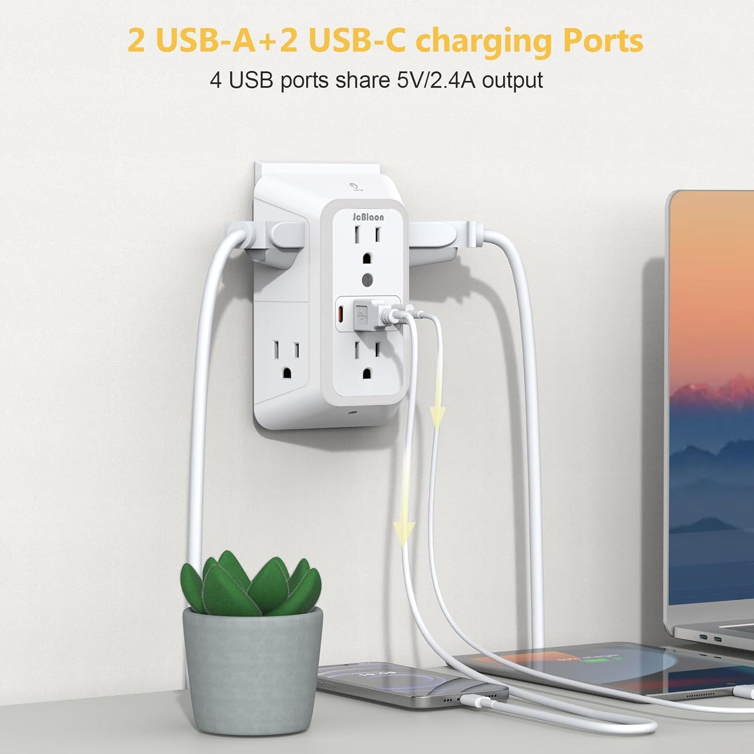 Detalle de 3 Pack Outlet Extender with Night Light: 6-Outlet Surge Protector with 2 USB-A and 2 USB-C Ports (3-Sided, 1050J) – ETL