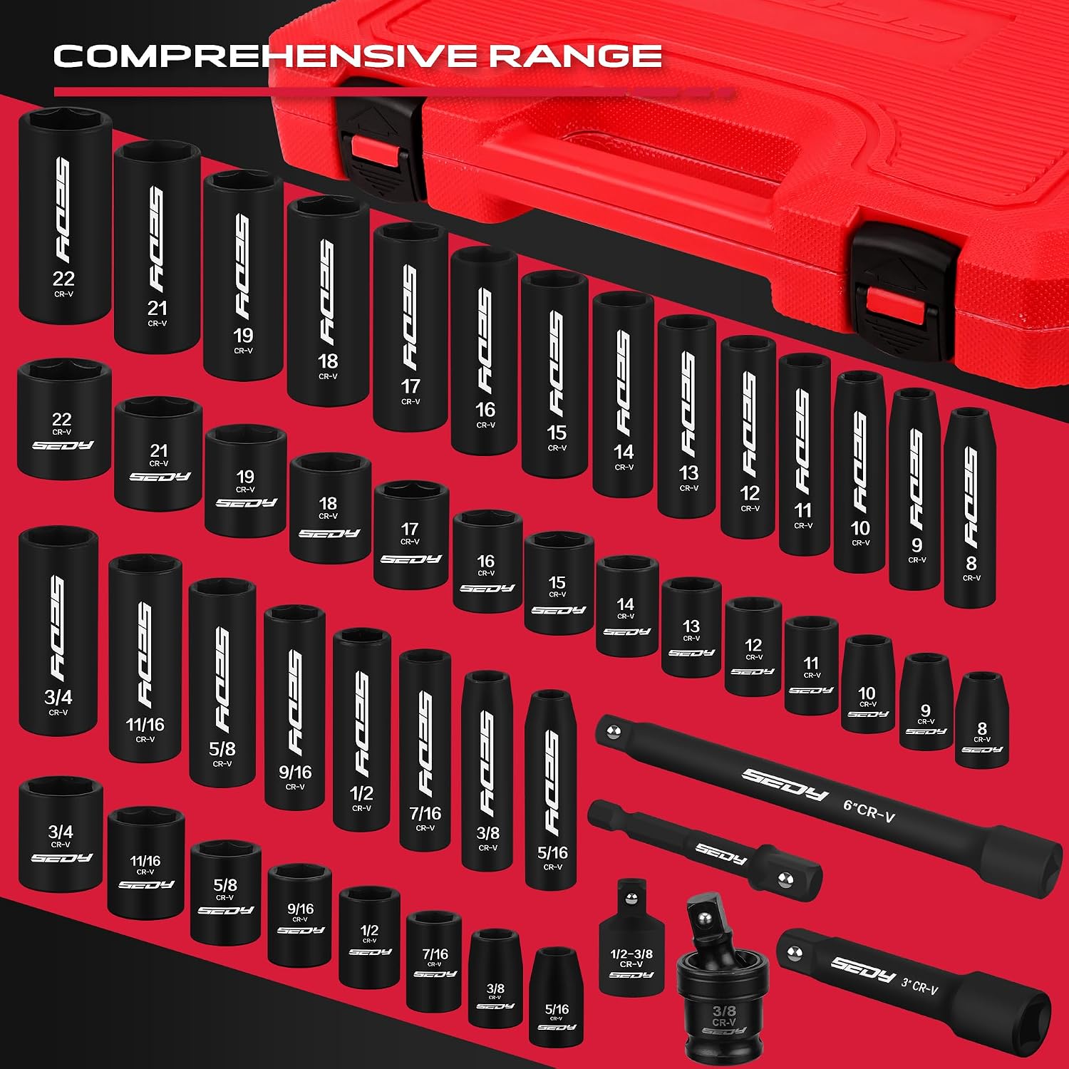 Detalle de 3/8-Inch Drive Impact Socket Set – 49-Piece SAE & Metric (5/16 to 3/4 inch, 8–22mm) with Extensions and Universal Joint