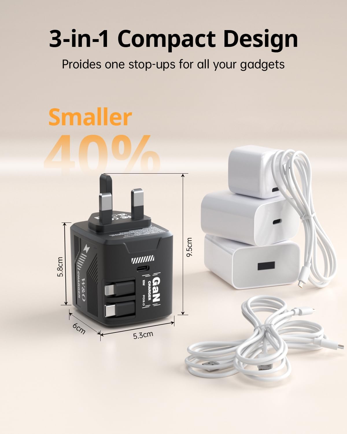 Detalle de 60W GaN Fast Charger with Built-in 1.2m Retractable Cables — 3-in-1 USB-C Charger (UK Plug) for iPhone, iPad and Galaxy