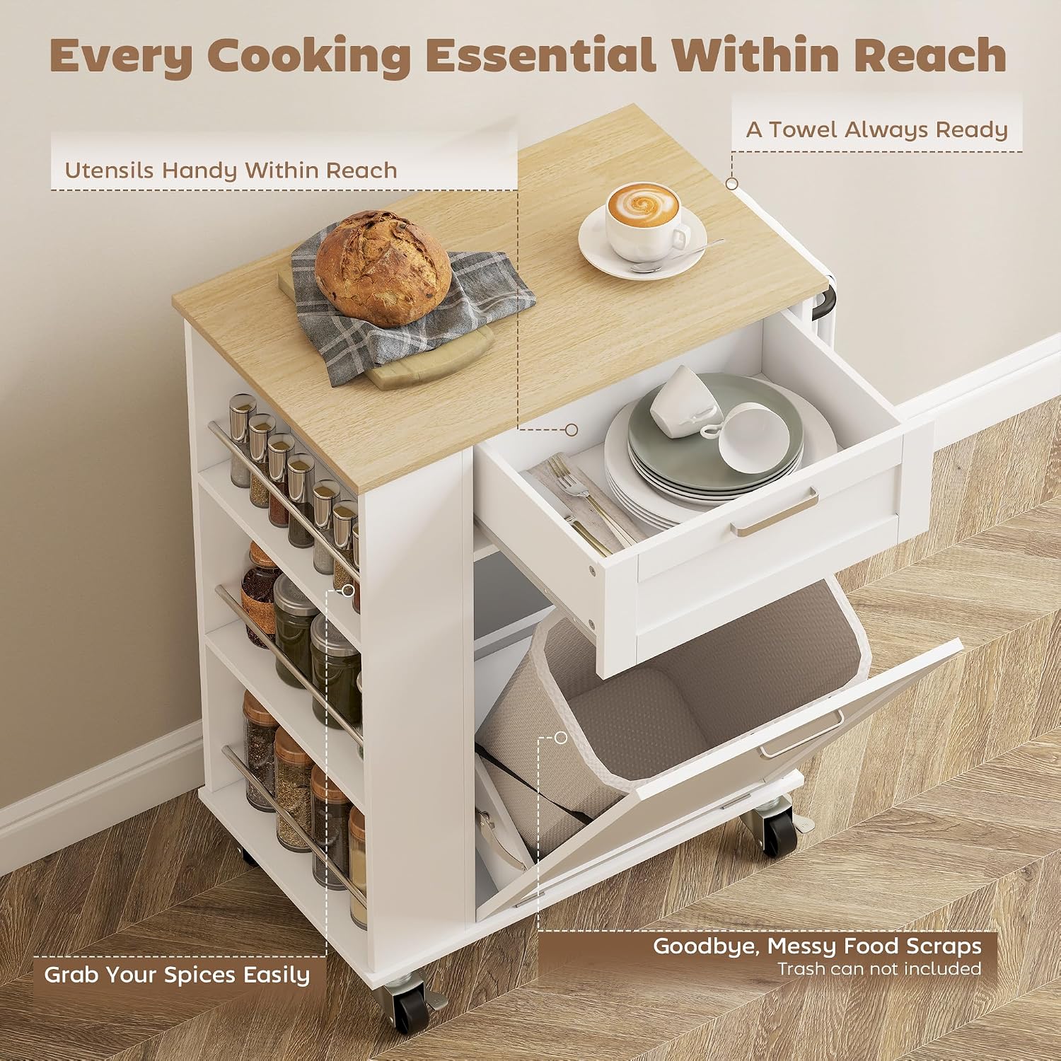 Detalle de HOMCOM 801-414V80WT Kitchen Storage Trolley, White, with Tilt-Out Cabinet
