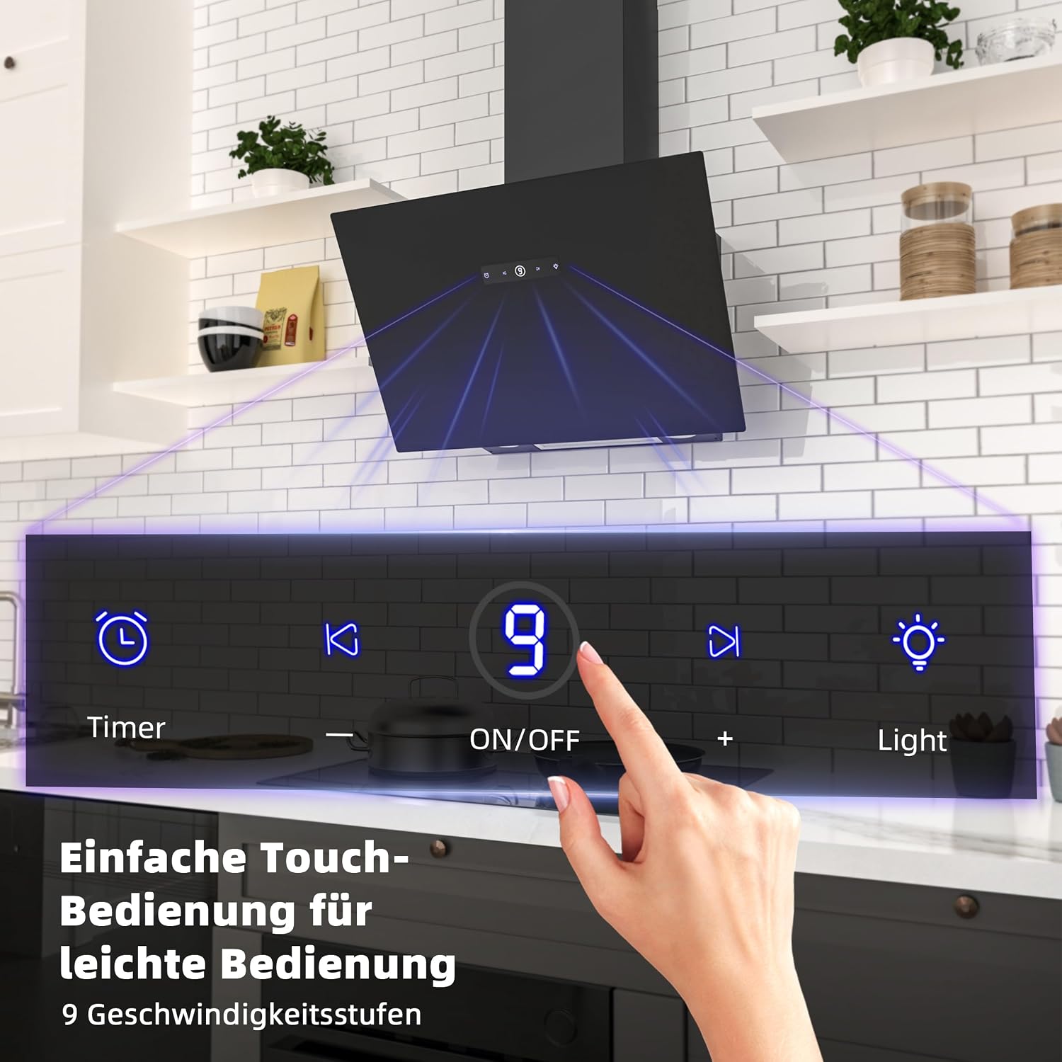 Thumbnail 3 de FIREGAS Dunstabzugshaube 60 cm schwarz Glas (bis 571 m³/h) mit bürstenlosem Motor, TouchControl & Umluft/Abluft