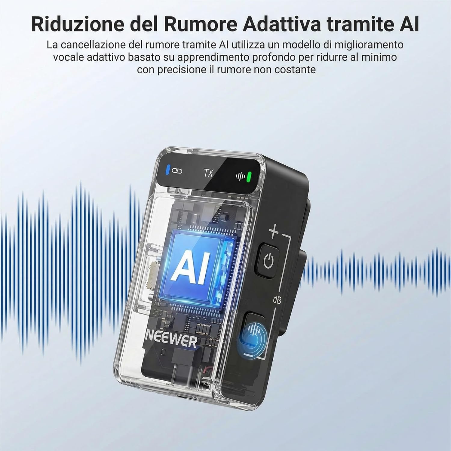 Detalle 2 de NEEWER CM36 Pro microfono wireless con cancellazione del rumore AI, memoria 8GB e portata 100m