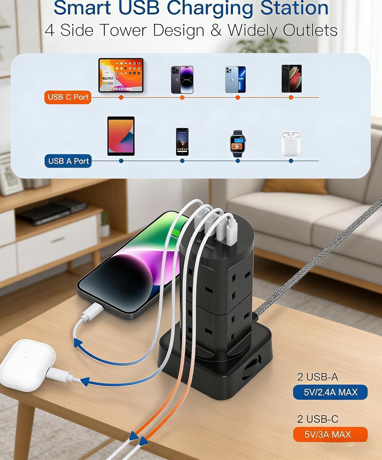 Thumbnail 2 de 3M Tower Extension Lead with USB Slots (8-Way) - 13A 3250W with Built-in USB-C & USB-A Ports