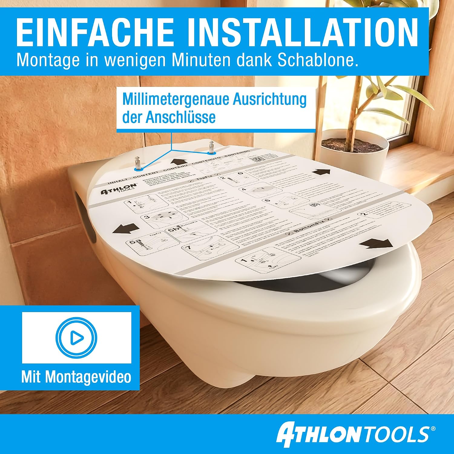 Detalle de ATHLON TOOLS Toilettendeckel mit Absenkautomatik O-Form – Soft-Close, Quick-Release und antibakterieller, kratzfester Klodeckel