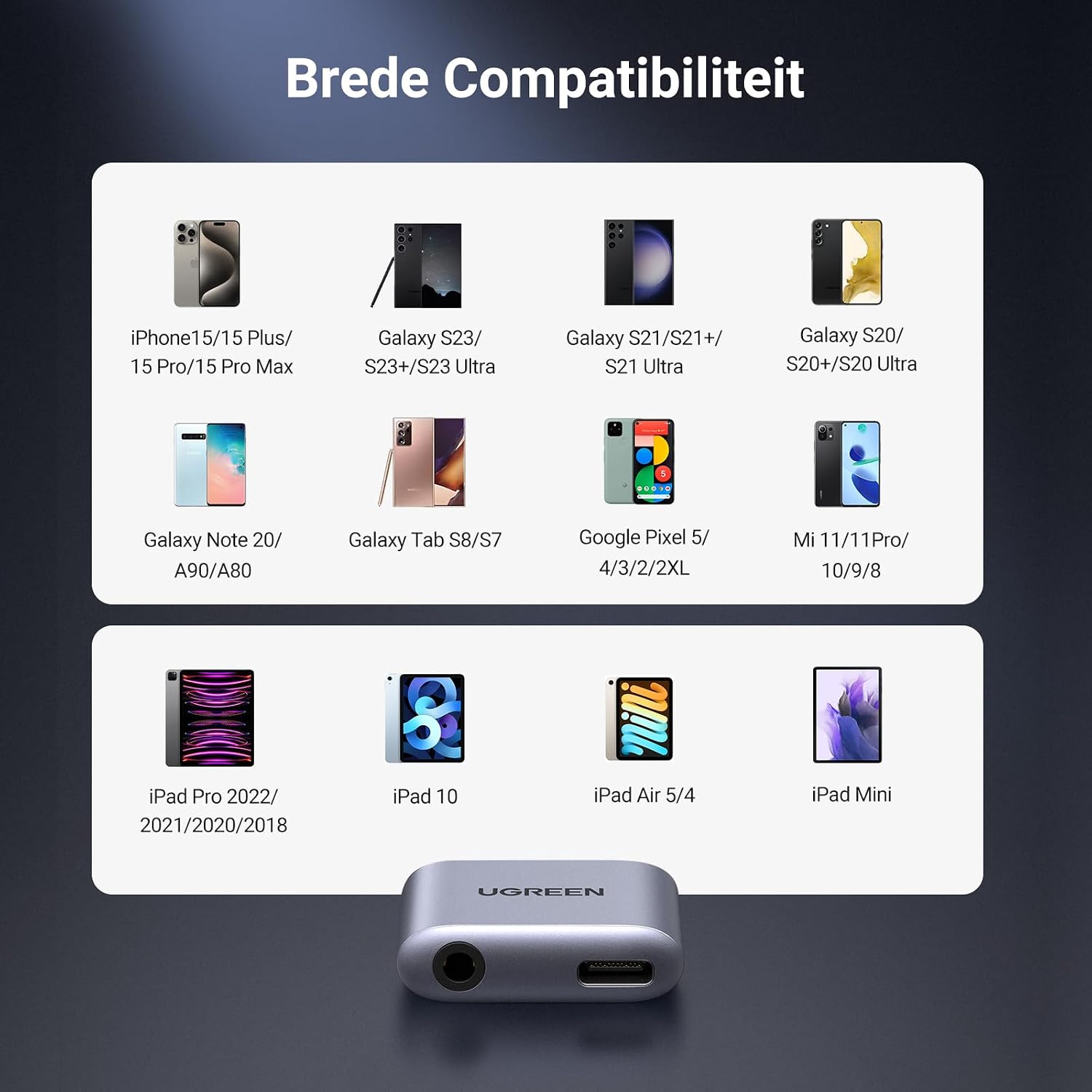 Detalle de UGREEN USB-C-naar-3,5mm-jackadapter met laadpoort en microfoonondersteuning