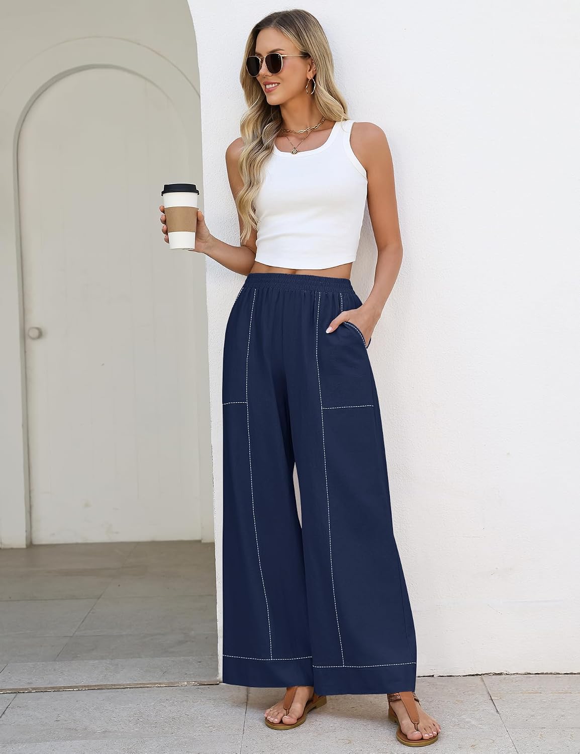 Thumbnail 5 de Rapbin Women's Elastic Waist Palazzo Pants: Casual Wide-Leg Lounge Trousers with Pockets